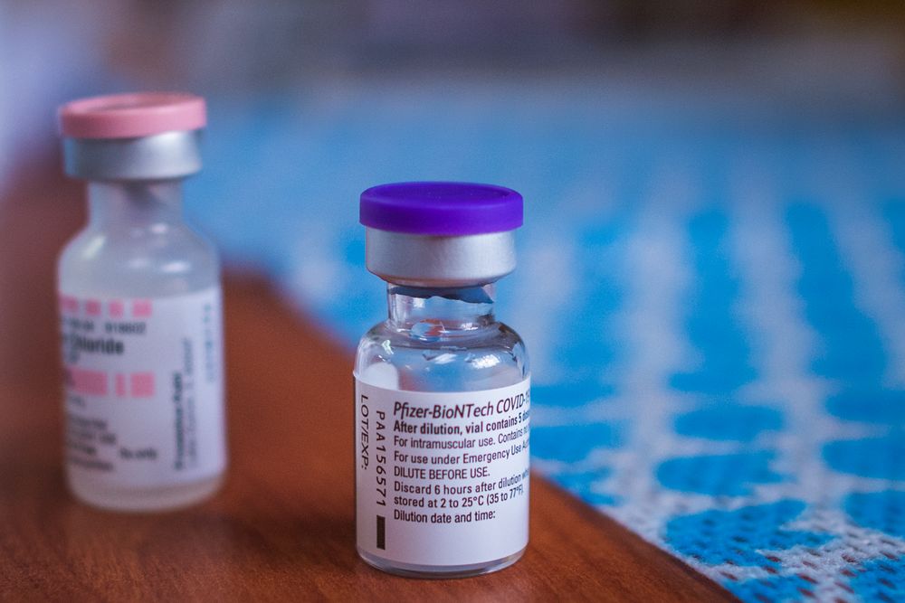 A vial of the Pfizer-BioNTec vaccine. Once it is thawed, the vaccine must be used within six hours or it expires.