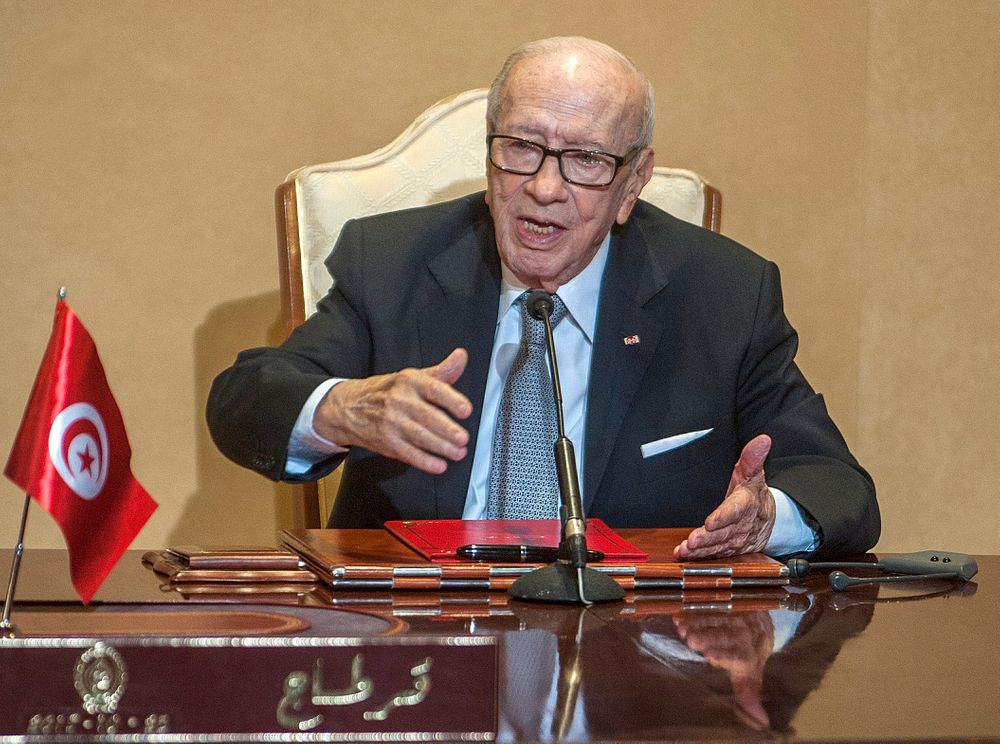FILE - In this Thursday, Oct. 25, 2018 file photo Tunisian President Beji Caid Essebsi gestures during a press conference in Tunis. Tunisian President Beji Caid Essebsi, the country's first democratically elected leader, has died at 92, his office announced Thursday July 25, 2019. (AP Photo/Hassene Dridi, FILE) FILE - In this Thursday, Oct. 25, 2018 file photo Tunisian President Beji Caid Essebsi gestures during a press conference in Tunis. Tunisian President Beji Caid Essebsi, the country's first democratically elected leader, has died at 92, his office announced Thursday July 25, 2019. (AP Photo/Hassene Dridi, FILE)