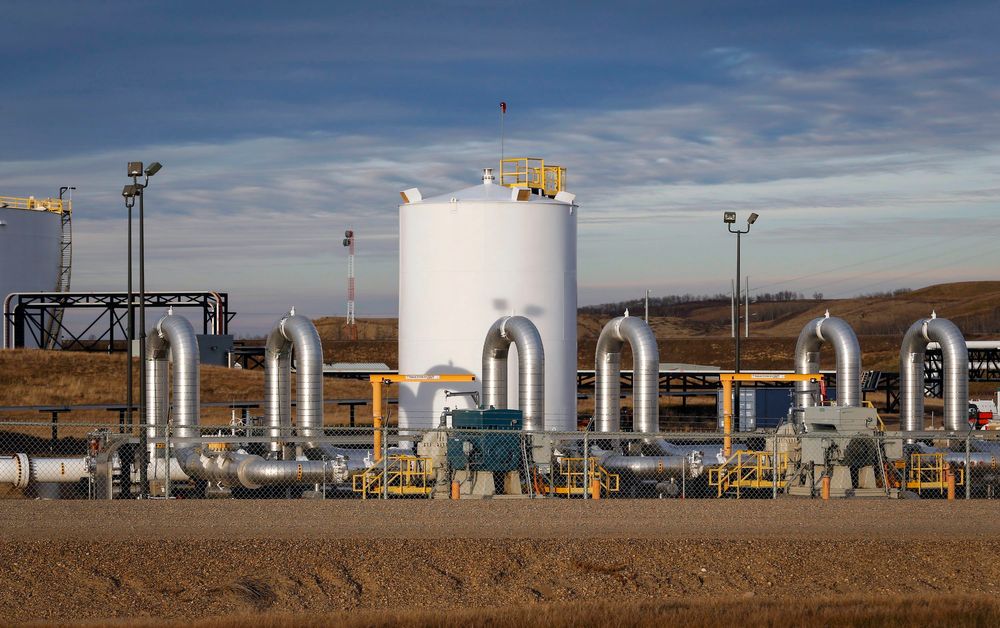 FILE - In this Nov. 6, 2015 file photo, TC Energy's Keystone pipeline facility is seen in Hardisty, Alberta. The Trump administration is asking a judge to throw out a lawsuit from Native American tribes that want to block the proposed Keystone XL pipeline into the U.S. (Jeff McIntosh/The Canadian Press via AP, File) FILE - In this Nov. 6, 2015 file photo, TC Energy's Keystone pipeline facility is seen in Hardisty, Alberta. The Trump administration is asking a judge to throw out a lawsuit from Native American tribes that want to block the proposed Keystone XL pipeline into the U.S. (Jeff McIntosh/The Canadian Press via AP, File)