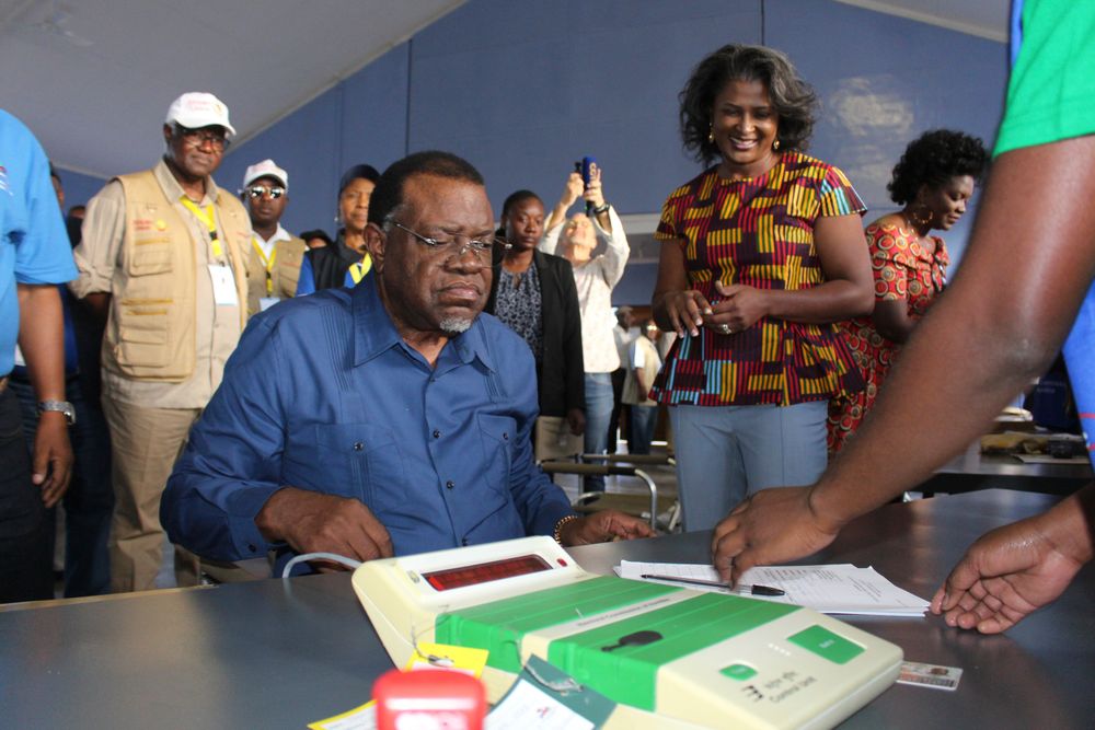 Namibian President Hage Geingob prepares to cast his vote in Windhoek, Namibia, in the country's elections Wednesday, Nov. 27, 2019. Geingob's ruling party faces its biggest challenge since independence nearly three decades ago. The resource-rich southern African nation's registered 1.3 million voters are voting for president and National Assembly members. (AP Photo/Brandon van Wyk) Namibian President Hage Geingob prepares to cast his vote in Windhoek, Namibia, in the country's elections Wednesday, Nov. 27, 2019. Geingob's ruling party faces its biggest challenge since independence nearly three decades ago. The resource-rich southern African nation's registered 1.3 million voters are voting for president and National Assembly members. (AP Photo/Brandon van Wyk)