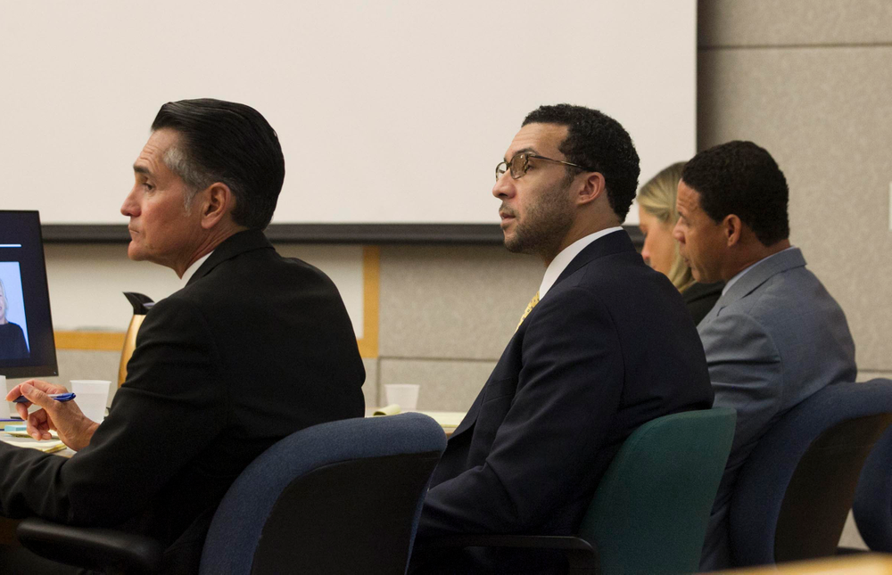 Former NFL football player Kellen Winslow Jr., center, sits with his attorneys Marc Carlo, left, and Brian Watkins, third from left, during his rape trial, Monday, May 20, 2019, in Vista, Calif. (John Gibbins/The San Diego Union-Tribune via AP, Pool) Former NFL football player Kellen Winslow Jr., center, sits with his attorneys Marc Carlo, left, and Brian Watkins, third from left, during his rape trial, Monday, May 20, 2019, in Vista, Calif. (John Gibbins/The San Diego Union-Tribune via AP, Pool)