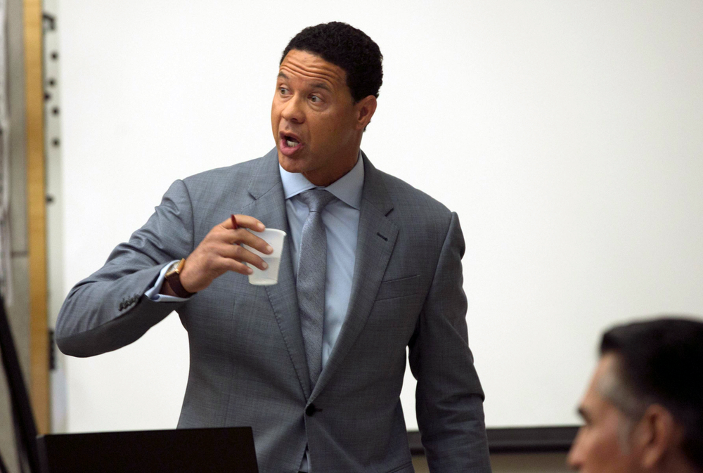 Brian Watkins, an attorney for former NFL football player Kellen Winslow Jr., gives his opening statement to the jury during Winslow's rape trial, Monday, May 20, 2019, in Vista, Calif. (John Gibbins/The San Diego Union-Tribune via AP, Pool) Brian Watkins, an attorney for former NFL football player Kellen Winslow Jr., gives his opening statement to the jury during Winslow's rape trial, Monday, May 20, 2019, in Vista, Calif. (John Gibbins/The San Diego Union-Tribune via AP, Pool)