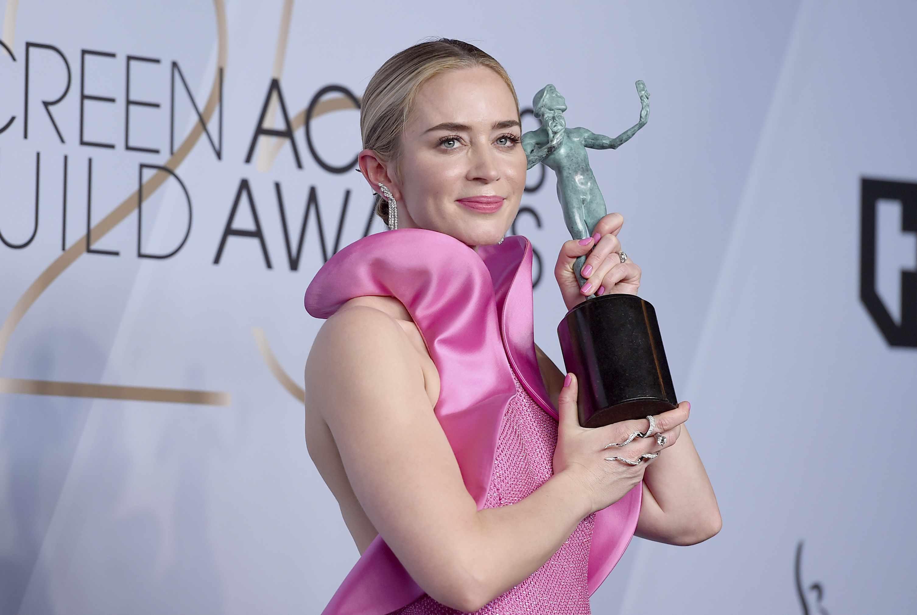 Emily Blunt poses with the award for outstanding performance by a female actor in a supporting role for Emily Blunt poses with the award for outstanding performance by a female actor in a supporting role for