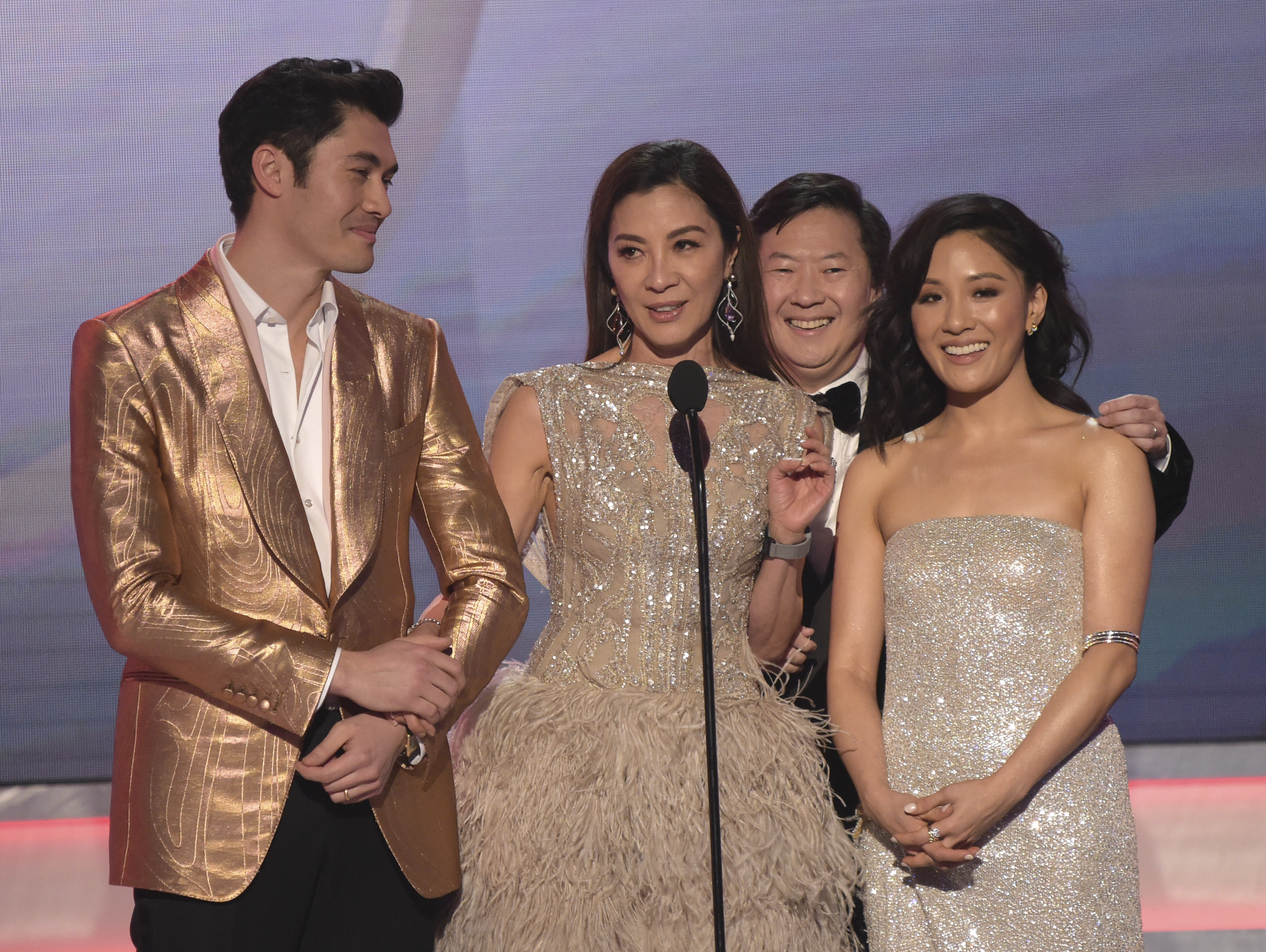Henry Golding, from left, Michelle Yeoh, Ken Jeong and Constance Wu, nominated for outstanding performance by a cast in a motion picture, introduce a clip from their film Henry Golding, from left, Michelle Yeoh, Ken Jeong and Constance Wu, nominated for outstanding performance by a cast in a motion picture, introduce a clip from their film