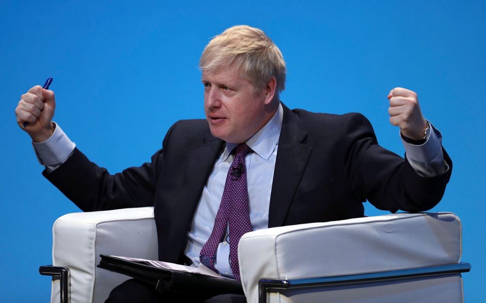 Britain's prime ministerial contender Boris Johnson addresses Conservative Party members during the Conservative Party leadership contest at the ICC in Birmingham, England, Saturday June 22, 2019. (AP Photo/Rui Vieira) Britain's prime ministerial contender Boris Johnson addresses Conservative Party members during the Conservative Party leadership contest at the ICC in Birmingham, England, Saturday June 22, 2019. (AP Photo/Rui Vieira)