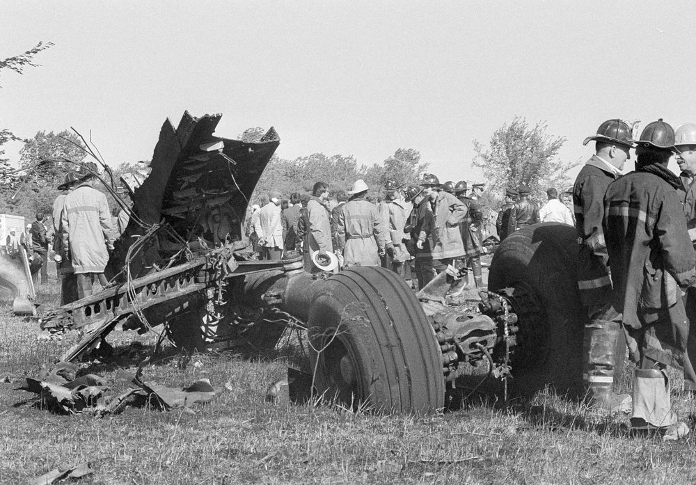 FILE - In this May 25, 1979 photo, a portion of the landing gear of an American Airlines DC-10 lies in foreground as firemen and emergency personnel survey wreckage scene northwest of O'Hare International Airport in Chicago. Decades later, the crash of American Airlines Flight 191 moments after it took off from Chicago's O'Hare International Airport remains the deadliest aviation accident in U.S. history. The DC-10 was destined for Los Angeles when it lost one of its engines May 25, 1979, killing what investigators later determined were 273 people _ all 271 people aboard the jetliner and two people on the ground. (AP Photo/Fred Jewell File) FILE - In this May 25, 1979 photo, a portion of the landing gear of an American Airlines DC-10 lies in foreground as firemen and emergency personnel survey wreckage scene northwest of O'Hare International Airport in Chicago. Decades later, the crash of American Airlines Flight 191 moments after it took off from Chicago's O'Hare International Airport remains the deadliest aviation accident in U.S. history. The DC-10 was destined for Los Angeles when it lost one of its engines May 25, 1979, killing what investigators later determined were 273 people _ all 271 people aboard the jetliner and two people on the ground. (AP Photo/Fred Jewell File)