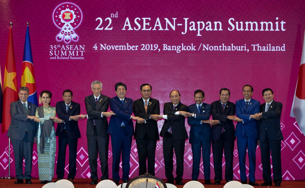 Japan Prime Minister Shinzo Abe, fifth left, poses for a group photo with leader of ASEAN from left; Malaysia Foreign Minister Saifuddin Abdullah, Myanmar leader Aung San Suu Kyi, Philippines President Rodrigo Duterte, Singapore Prime Minister Lee Hsien Loong, Thailand Prime Minister Prayuth Chan-ocha, Vietnam Prime Minister Nguyen Xuan Phuc, Brunei Sultan Hassanal Bolkiah, Cambodia Prime Minister Hun Sen, Indonesia President Joko Widodo, and Laos Prime Minister Thongloun Sisoulith during ASEAN-Japan summit in Nonthaburi, Thailand, Monday, Nov. 4, 2019. (AP Photo/Gemunu Amarasinghe) Japan Prime Minister Shinzo Abe, fifth left, poses for a group photo with leader of ASEAN from left; Malaysia Foreign Minister Saifuddin Abdullah, Myanmar leader Aung San Suu Kyi, Philippines President Rodrigo Duterte, Singapore Prime Minister Lee Hsien Loong, Thailand Prime Minister Prayuth Chan-ocha, Vietnam Prime Minister Nguyen Xuan Phuc, Brunei Sultan Hassanal Bolkiah, Cambodia Prime Minister Hun Sen, Indonesia President Joko Widodo, and Laos Prime Minister Thongloun Sisoulith during ASEAN-Japan summit in Nonthaburi, Thailand, Monday, Nov. 4, 2019. (AP Photo/Gemunu Amarasinghe)