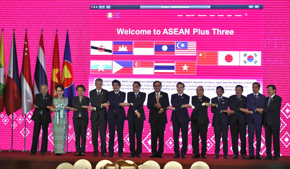 From left, Malaysian Prime Minister Mahathir Mohamad, Myanmar leader Aung San Suu Kyi, Philippines Foreign Affairs Assistant Secretary for ASEAN Affairs Junever Mahilum-West, Singapore's Prime Minister Lee Hsien Loong, Japanese Prime Minister Shinzo Abe, Chinese Premier Li Keqiang, Thailand Prime Minister Prayuth Chan-ocha, South Korean President Moon Jae-in, Vietnam Prime Minister Nguyen Xuan Phuc, Brunei Sultan Hassanal Bolkiah, Cambodia Prime Minister Hun Sen, Indonesia President Joko Widodo and Laos Prime Minister Thongloun Sisoulith pose for a group photo at the Association of Southeast Asian Nations (ASEAN) Plus Three summit in Nonthaburi, Thailand, Monday, Nov. 4, 2019. (AP Photo/Aijaz Rahi) From left, Malaysian Prime Minister Mahathir Mohamad, Myanmar leader Aung San Suu Kyi, Philippines Foreign Affairs Assistant Secretary for ASEAN Affairs Junever Mahilum-West, Singapore's Prime Minister Lee Hsien Loong, Japanese Prime Minister Shinzo Abe, Chinese Premier Li Keqiang, Thailand Prime Minister Prayuth Chan-ocha, South Korean President Moon Jae-in, Vietnam Prime Minister Nguyen Xuan Phuc, Brunei Sultan Hassanal Bolkiah, Cambodia Prime Minister Hun Sen, Indonesia President Joko Widodo and Laos Prime Minister Thongloun Sisoulith pose for a group photo at the Association of Southeast Asian Nations (ASEAN) Plus Three summit in Nonthaburi, Thailand, Monday, Nov. 4, 2019. (AP Photo/Aijaz Rahi)
