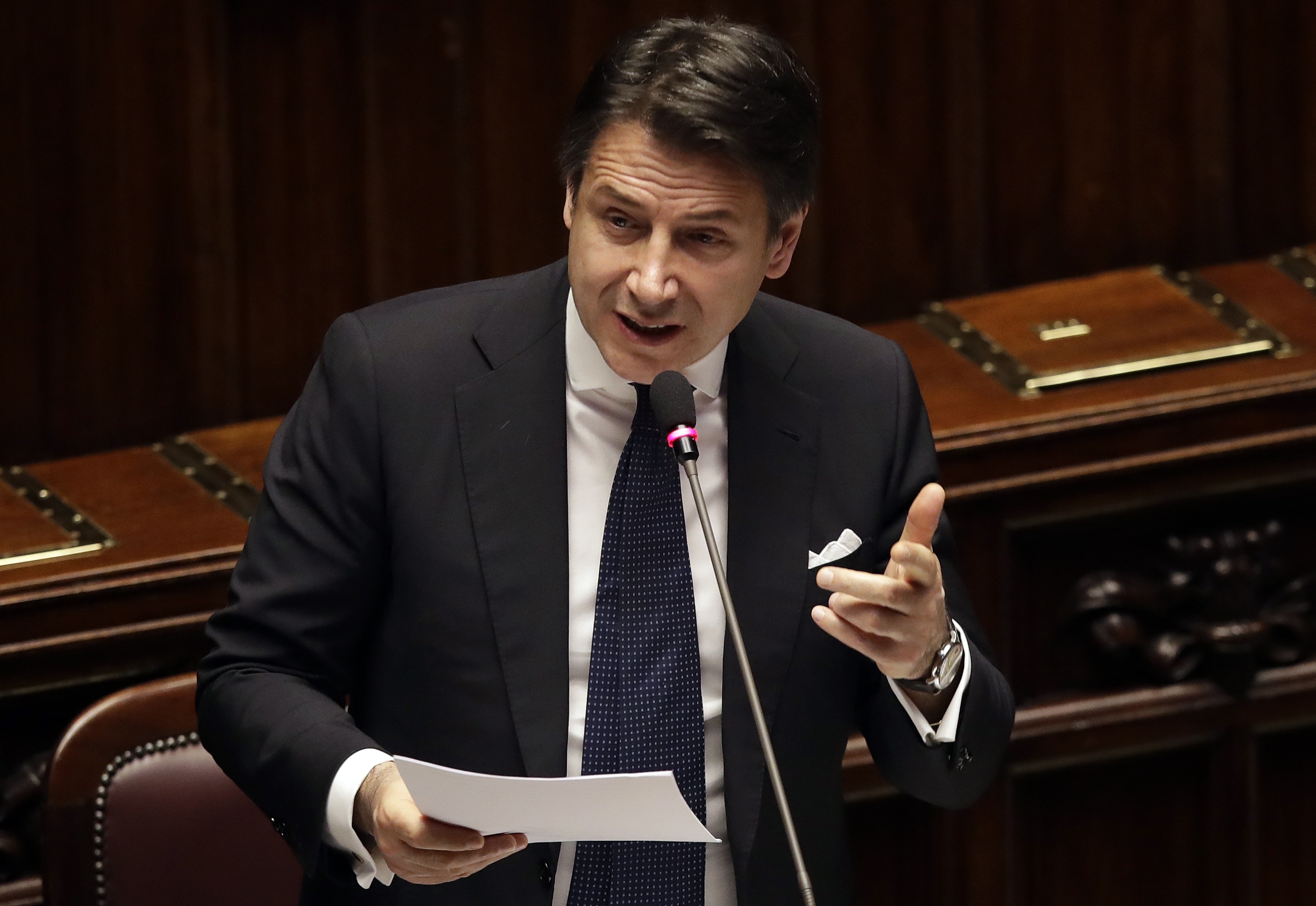 Italian Premier Giuseppe Conte addresses the Lower Chamber of the Italian parliament in Rome, Tuesday, March 19, 2019. (AP Photo/Alessandra Tarantino) Italian Premier Giuseppe Conte addresses the Lower Chamber of the Italian parliament in Rome, Tuesday, March 19, 2019. (AP Photo/Alessandra Tarantino)