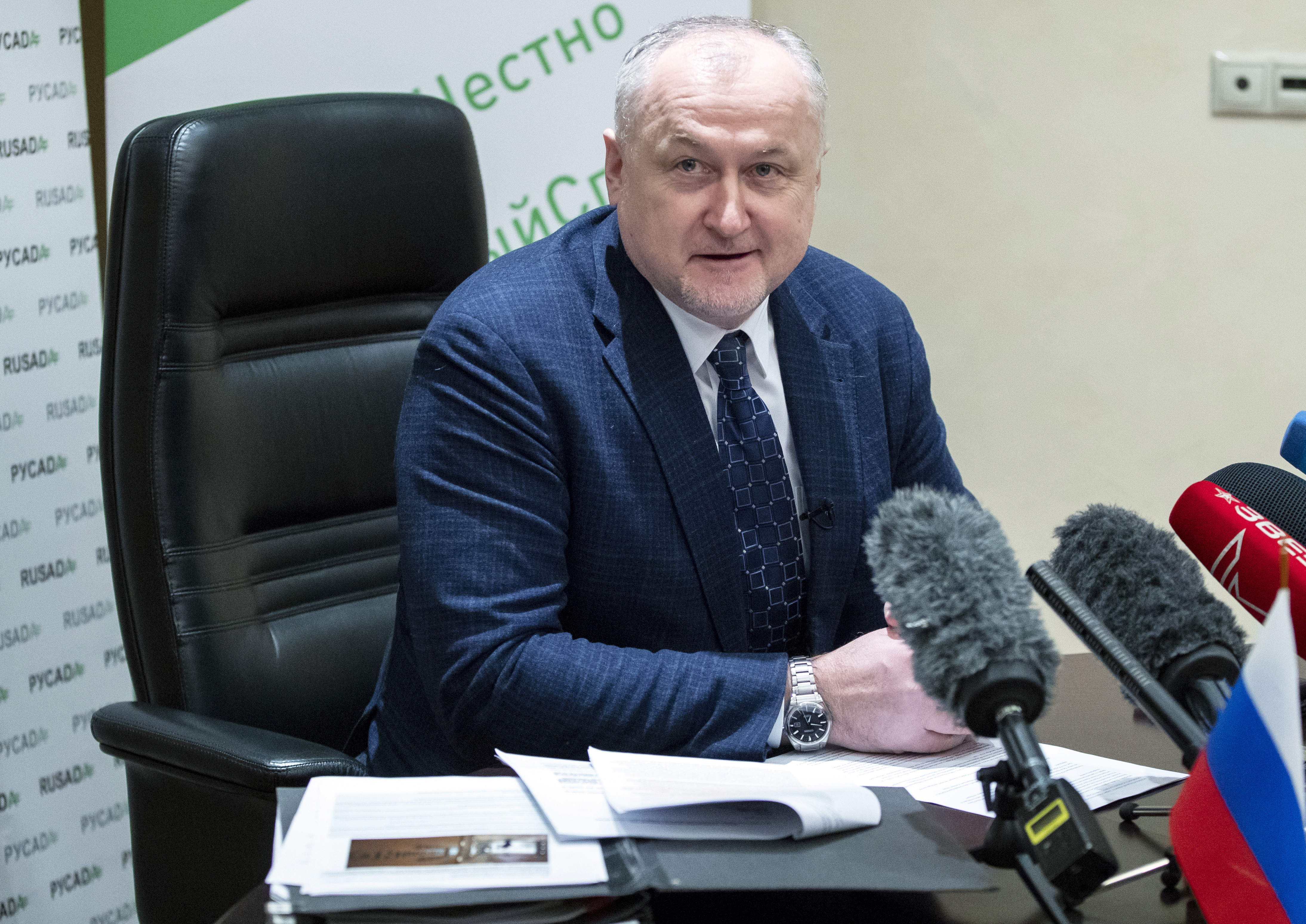 Russian National Anti-doping Agency RUSADA head Yuri Ganus smiles during a news conference in Moscow, Russia, Tuesday, Jan. 22, 2019. World Anti-Doping Agency (WADA) forgave Russia on Tuesday for its tardiness in turning over lab data, but they are still analyzing what it says are vast amounts of data from lab servers and equipment, data which until recently was sealed off by Russian law enforcement. (AP Photo/Pavel Golovkin) Russian National Anti-doping Agency RUSADA head Yuri Ganus smiles during a news conference in Moscow, Russia, Tuesday, Jan. 22, 2019. World Anti-Doping Agency (WADA) forgave Russia on Tuesday for its tardiness in turning over lab data, but they are still analyzing what it says are vast amounts of data from lab servers and equipment, data which until recently was sealed off by Russian law enforcement. (AP Photo/Pavel Golovkin)