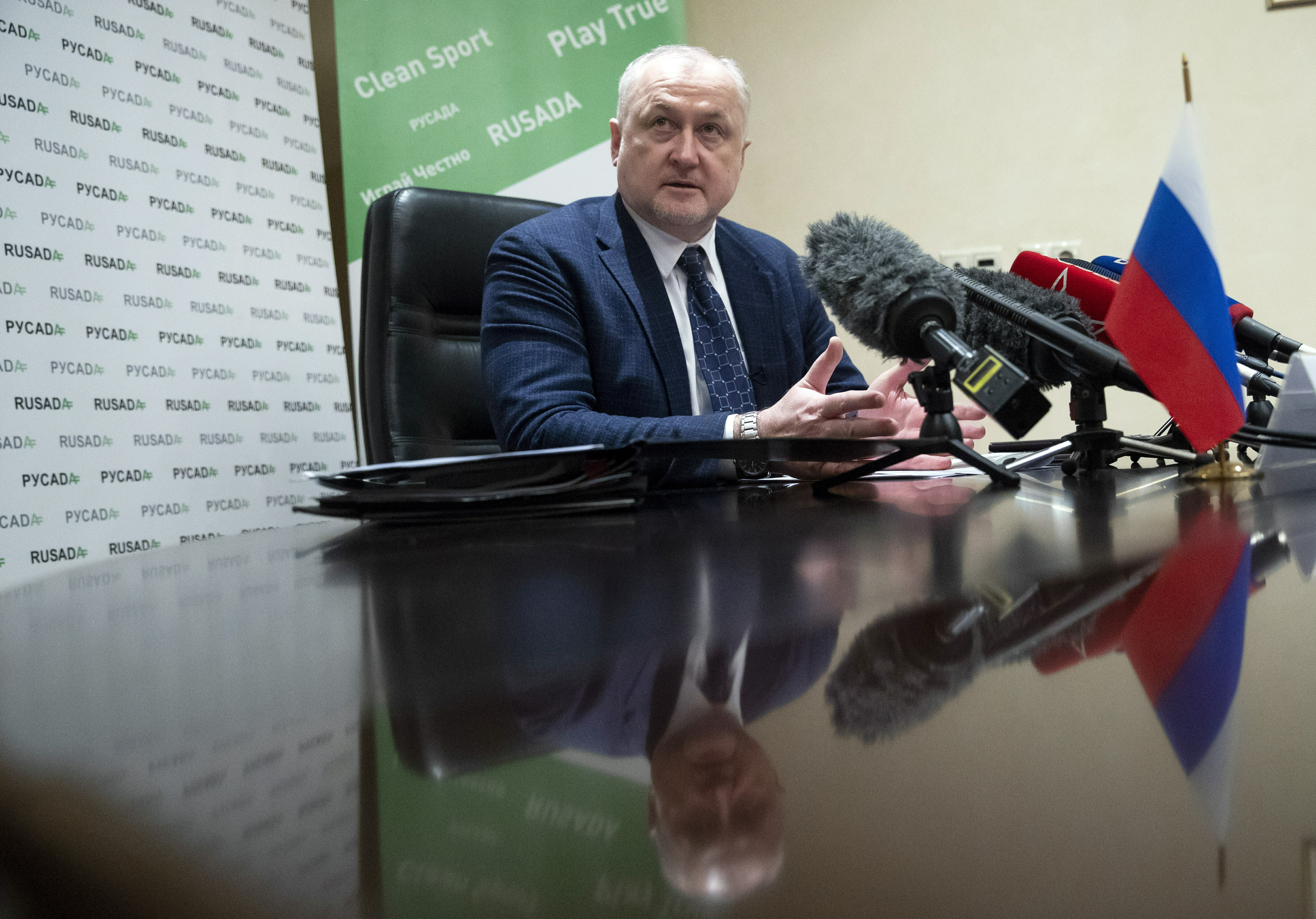 Russian National Anti-doping Agency RUSADA head Yuri Ganus speaks during a news conference in Moscow, Russia, Tuesday, Jan. 22, 2019. World Anti-Doping Agency (WADA) forgave Russia on Tuesday for its tardiness in turning over lab data, but they are still analyzing what it says are vast amounts of data from lab servers and equipment, data which until recently was sealed off by Russian law enforcement. (AP Photo/Pavel Golovkin) Russian National Anti-doping Agency RUSADA head Yuri Ganus speaks during a news conference in Moscow, Russia, Tuesday, Jan. 22, 2019. World Anti-Doping Agency (WADA) forgave Russia on Tuesday for its tardiness in turning over lab data, but they are still analyzing what it says are vast amounts of data from lab servers and equipment, data which until recently was sealed off by Russian law enforcement. (AP Photo/Pavel Golovkin)