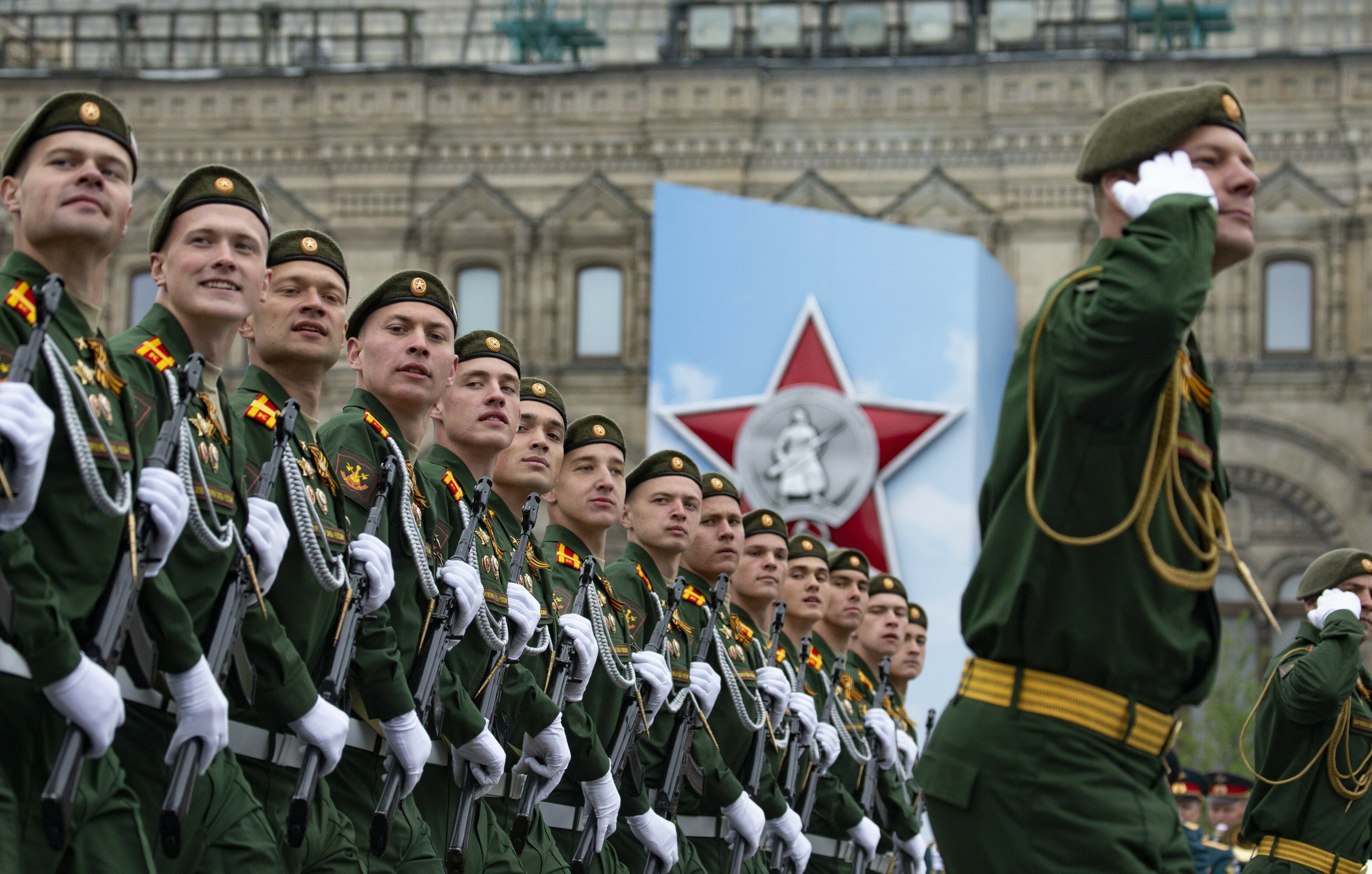 Russian troops march during the Victory Day military parade to celebrate 74 years since the victory in WWII in Red Square in Moscow, Russia, Thursday, May 9, 2019. Putin has told the annual military Victory Day parade in Red Square that the country will continue to strengthen its armed forces.(AP Photo/Alexander Zemlianichenko)