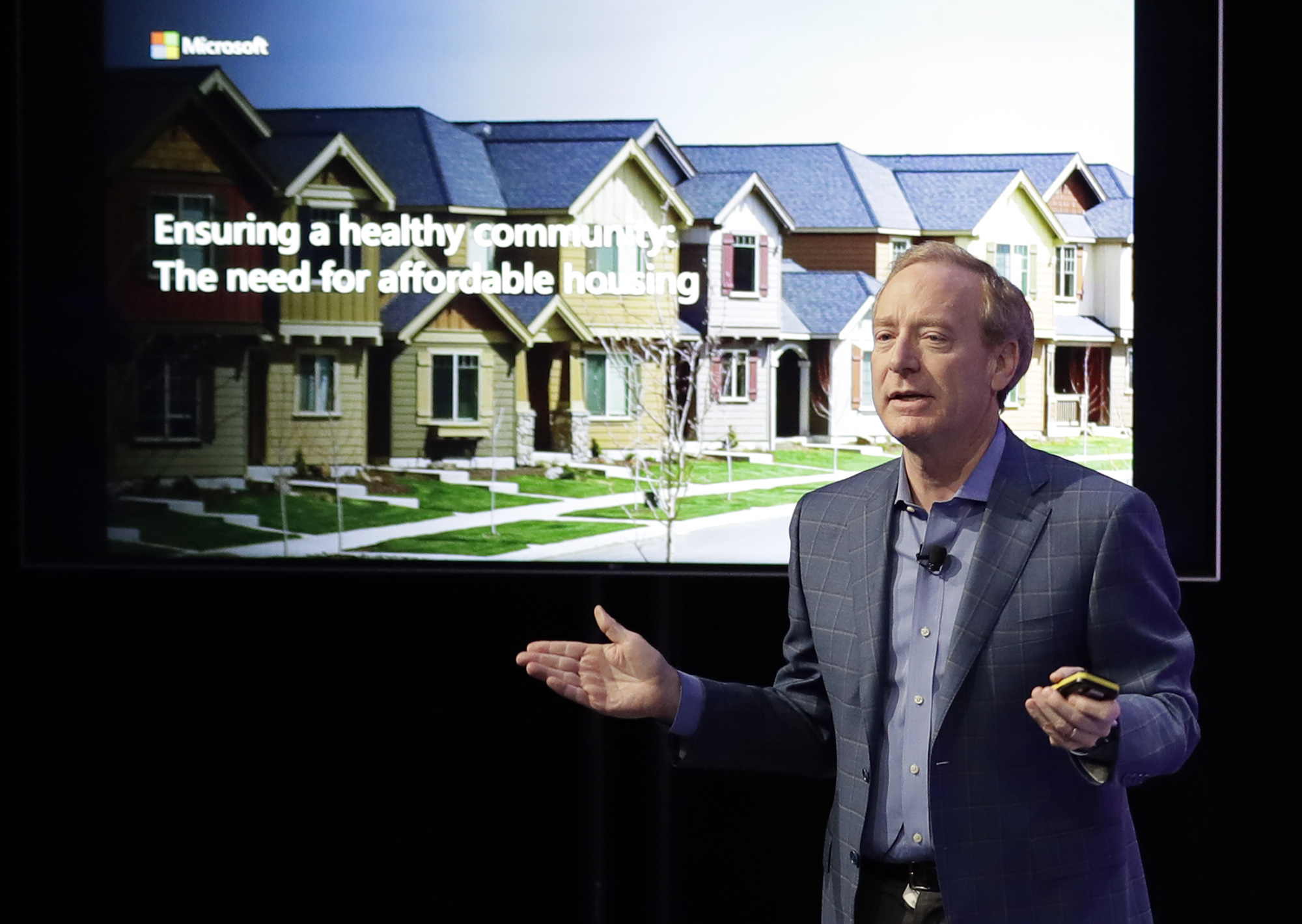 Microsoft Corp. President Brad Smith speaks Thursday, Jan. 17, 2019, during a news conference in Bellevue, Wash., to announce a $500 million pledge by Microsoft to develop affordable housing for low- and middle-income workers in response to the Seattle region's widening affordability gap and to also to address homelessness. (AP Photo/Ted S. Warren) Microsoft Corp. President Brad Smith speaks Thursday, Jan. 17, 2019, during a news conference in Bellevue, Wash., to announce a $500 million pledge by Microsoft to develop affordable housing for low- and middle-income workers in response to the Seattle region's widening affordability gap and to also to address homelessness. (AP Photo/Ted S. Warren)