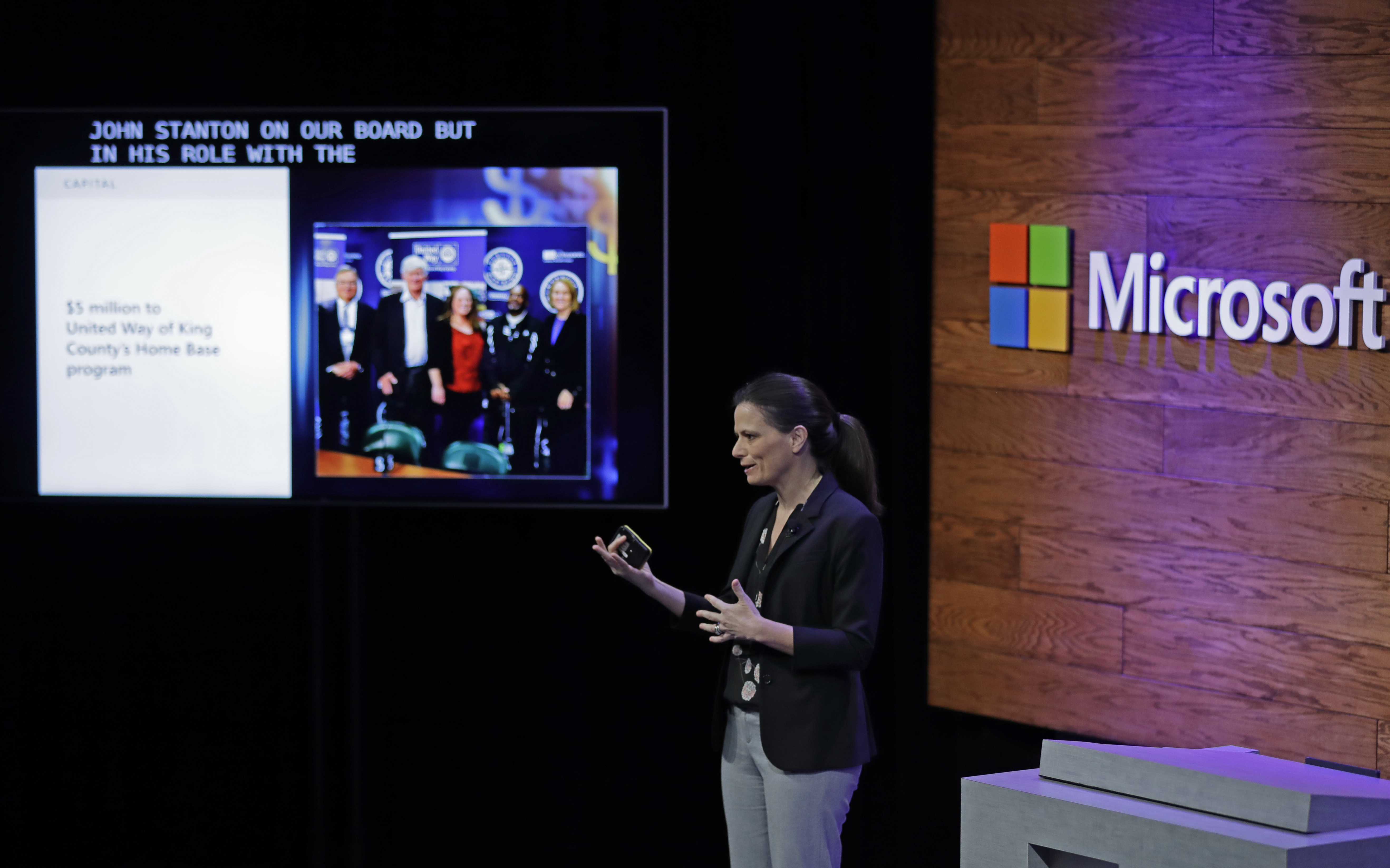 Microsoft Corp. CFO Amy Hood speaks Thursday, Jan. 17, 2019, during a news conference in Bellevue, Wash., to announce a $500 million pledge by Microsoft to develop affordable housing for low- and middle-income workers in response to the Seattle region's widening affordability gap and to also to address homelessness. (AP Photo/Ted S. Warren) Microsoft Corp. CFO Amy Hood speaks Thursday, Jan. 17, 2019, during a news conference in Bellevue, Wash., to announce a $500 million pledge by Microsoft to develop affordable housing for low- and middle-income workers in response to the Seattle region's widening affordability gap and to also to address homelessness. (AP Photo/Ted S. Warren)