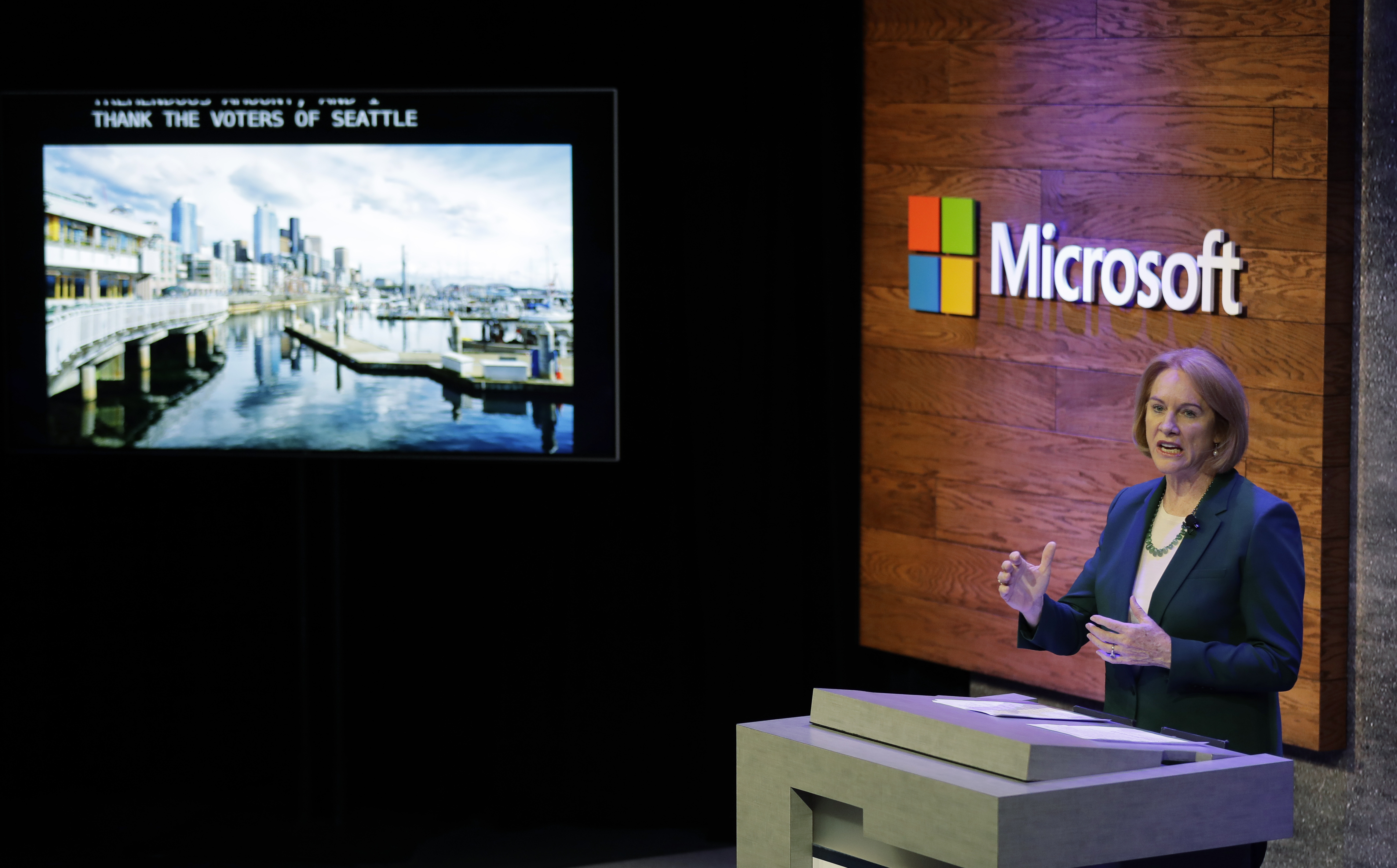 Seattle Mayor Jenny Durkan speaks Thursday, Jan. 17, 2019, during a news conference in Bellevue, Wash., to announce a $500 million pledge by Microsoft to develop affordable housing for low- and middle-income workers in response to the Seattle region's widening affordability gap and to also to address homelessness. (AP Photo/Ted S. Warren) Seattle Mayor Jenny Durkan speaks Thursday, Jan. 17, 2019, during a news conference in Bellevue, Wash., to announce a $500 million pledge by Microsoft to develop affordable housing for low- and middle-income workers in response to the Seattle region's widening affordability gap and to also to address homelessness. (AP Photo/Ted S. Warren)
