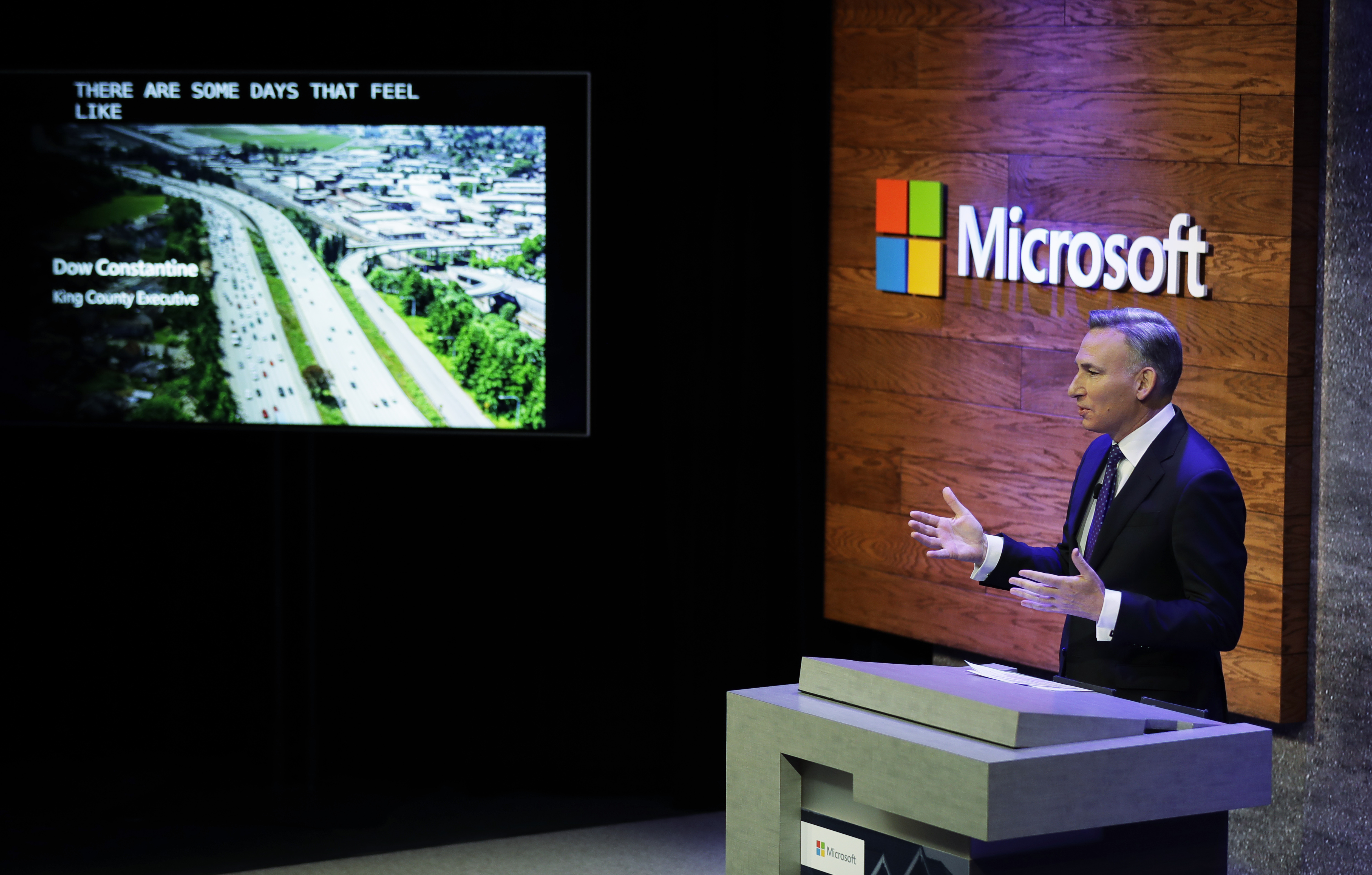 King County Executive Dow Constantine speaks Thursday, Jan. 17, 2019, during a news conference in Bellevue, Wash., to announce a $500 million pledge by Microsoft Corp. to develop affordable housing for low- and middle-income workers in response to the Seattle region's widening affordability gap and to also to address homelessness. (AP Photo/Ted S. Warren) King County Executive Dow Constantine speaks Thursday, Jan. 17, 2019, during a news conference in Bellevue, Wash., to announce a $500 million pledge by Microsoft Corp. to develop affordable housing for low- and middle-income workers in response to the Seattle region's widening affordability gap and to also to address homelessness. (AP Photo/Ted S. Warren)