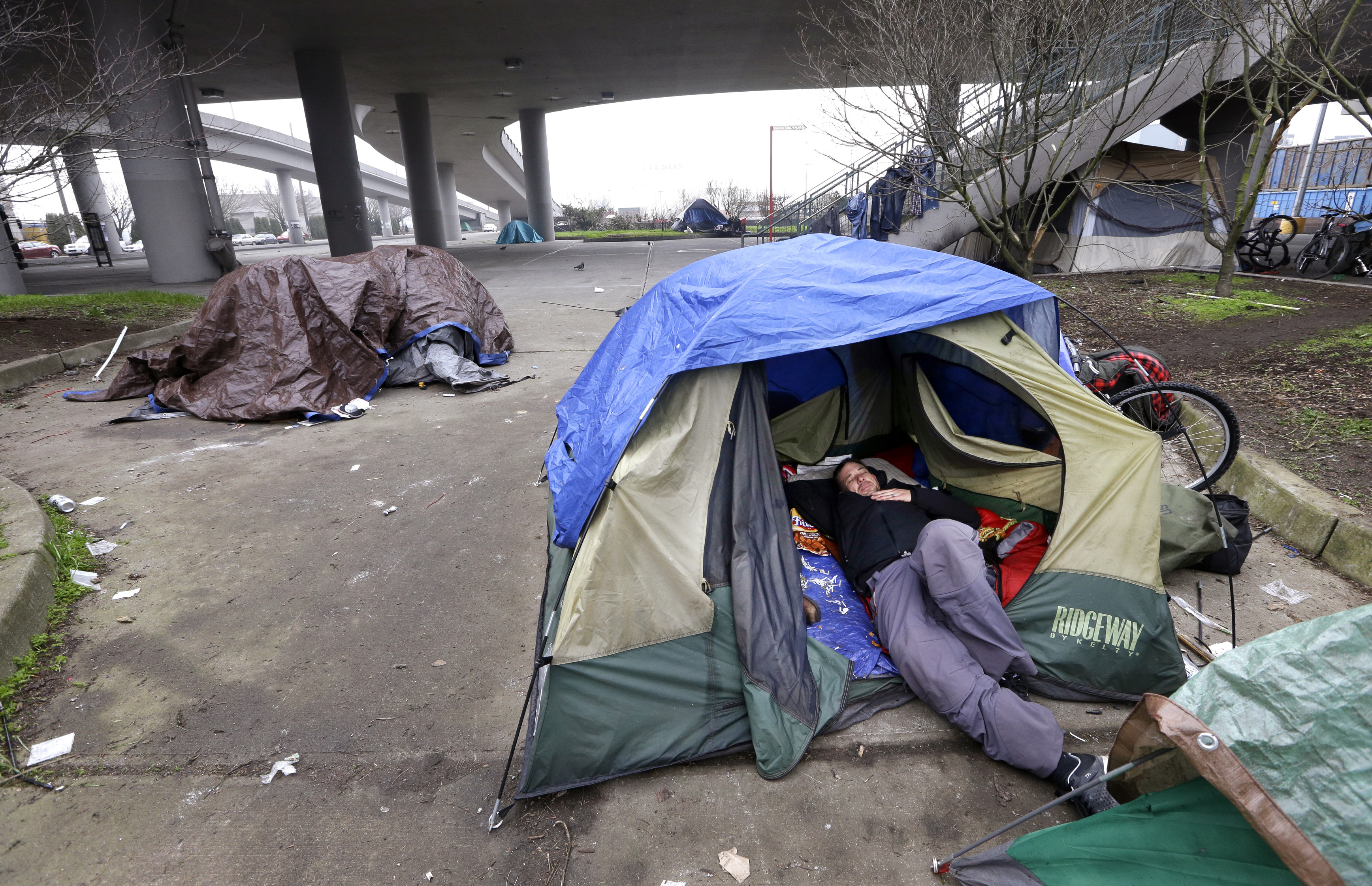 FILE - In this Feb. 9, 2016 file photo, a man lies in a tent with others camped nearby, under and near an overpass in Seattle. Microsoft pledged $500 million to address homelessness and develop affordable housing in response to the Seattle region's widening affordability gap. The company, which plans a news conference Thursday, Jan. 17, 2019, will split the funds three ways. (AP Photo/Elaine Thompson, File) FILE - In this Feb. 9, 2016 file photo, a man lies in a tent with others camped nearby, under and near an overpass in Seattle. Microsoft pledged $500 million to address homelessness and develop affordable housing in response to the Seattle region's widening affordability gap. The company, which plans a news conference Thursday, Jan. 17, 2019, will split the funds three ways. (AP Photo/Elaine Thompson, File)