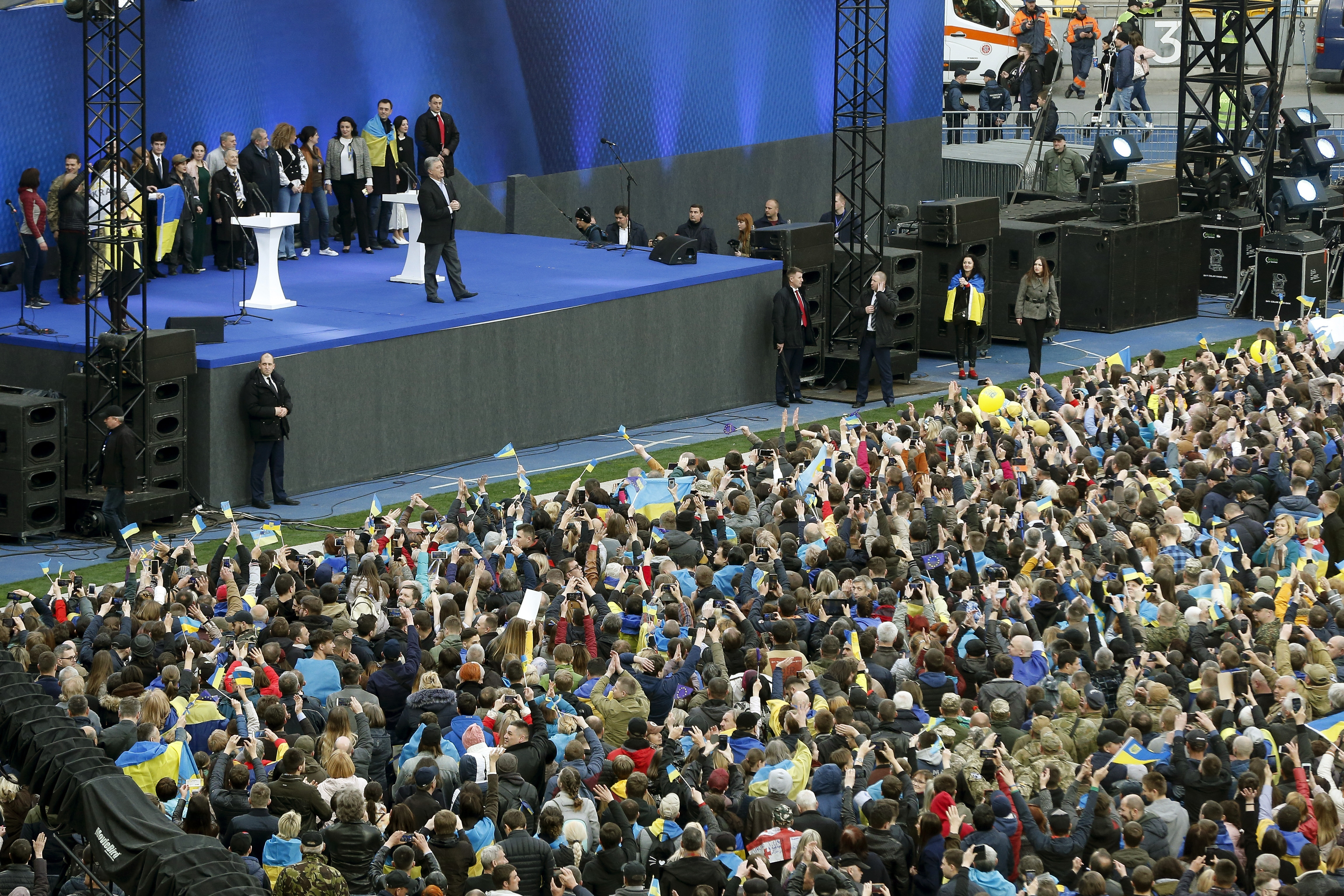 Ukrainian President Petro Poroshenko arrives to attend debates between two candidates in the weekend presidential run-off at the Olympic stadium in Kiev, Ukraine, Friday, April 19, 2019. Friday is the last official day of election canvassing in Ukraine as all presidential candidates and their campaigns will be barred from campaigning on Saturday, the day before the vote. (AP Photo/Efrem Lukatsky) Ukrainian President Petro Poroshenko arrives to attend debates between two candidates in the weekend presidential run-off at the Olympic stadium in Kiev, Ukraine, Friday, April 19, 2019. Friday is the last official day of election canvassing in Ukraine as all presidential candidates and their campaigns will be barred from campaigning on Saturday, the day before the vote. (AP Photo/Efrem Lukatsky)