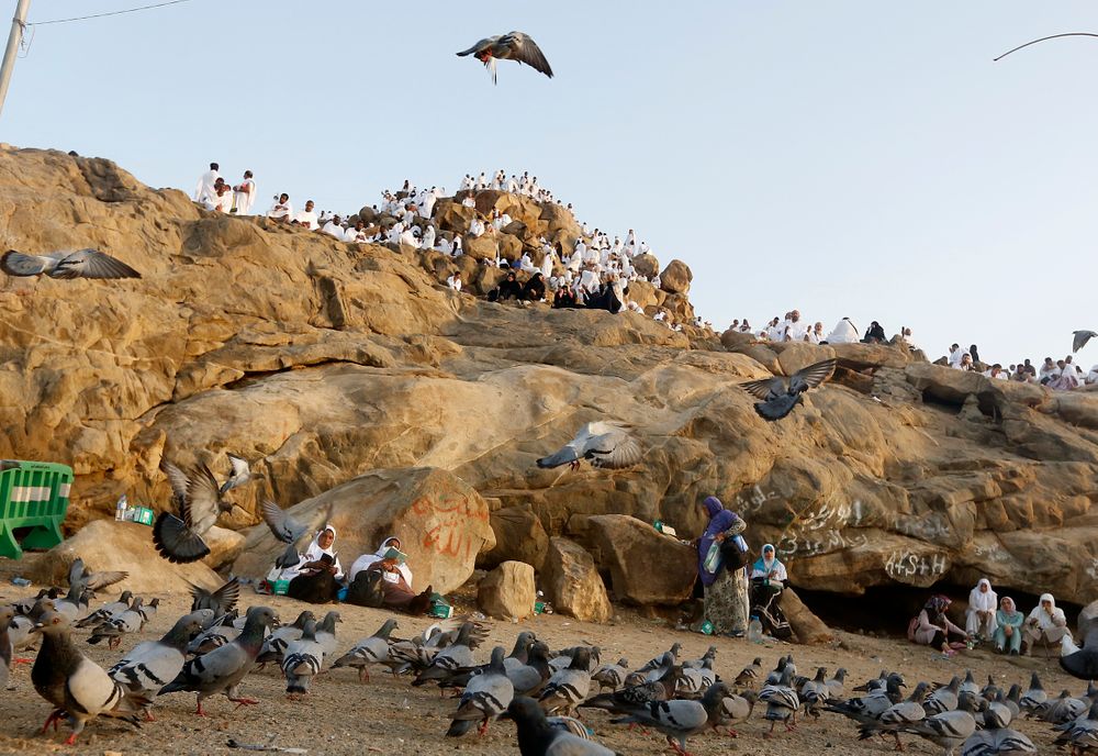 Pigeons fly as Muslim pilgrims pray on a rocky hill known as Mountain of Mercy, on the Plain of Arafat, during the annual hajj pilgrimage, near the holy city of Mecca, Saudi Arabia, Saturday, Aug. 10, 2019. More than 2 million pilgrims were gathered to perform initial rites of the hajj, an Islamic pilgrimage that takes the faithful along a path traversed by the Prophet Muhammad some 1,400 years ago. (AP Photo/Amr Nabil) Pigeons fly as Muslim pilgrims pray on a rocky hill known as Mountain of Mercy, on the Plain of Arafat, during the annual hajj pilgrimage, near the holy city of Mecca, Saudi Arabia, Saturday, Aug. 10, 2019. More than 2 million pilgrims were gathered to perform initial rites of the hajj, an Islamic pilgrimage that takes the faithful along a path traversed by the Prophet Muhammad some 1,400 years ago. (AP Photo/Amr Nabil)