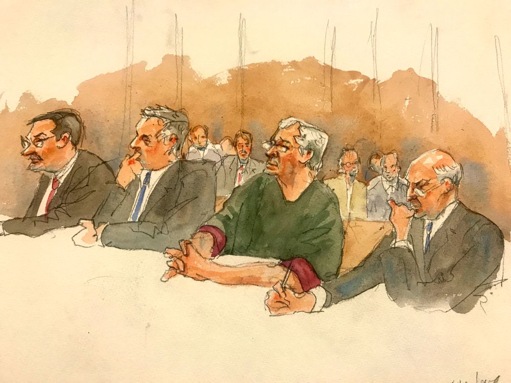 In this courtroom sketch, defendant Jeffrey Epstein, second from right, listens along with defense attorneys, from left, Marc Fernich, Michael Miller, and Martin Weinberg as Judge Richard M. Berman denies him bail during a hearing in federal court, Thursday, July 18, 2019 in New York. Judge Berman denied bail for the jailed financier on sex trafficking charges, saying the danger to the community that would result if the jet-setting defendant was free formed the In this courtroom sketch, defendant Jeffrey Epstein, second from right, listens along with defense attorneys, from left, Marc Fernich, Michael Miller, and Martin Weinberg as Judge Richard M. Berman denies him bail during a hearing in federal court, Thursday, July 18, 2019 in New York. Judge Berman denied bail for the jailed financier on sex trafficking charges, saying the danger to the community that would result if the jet-setting defendant was free formed the