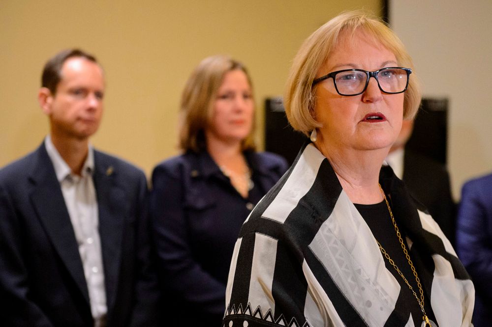 Former Utah Supreme Court Justice Christine Durham speaks at a news conference announcing her addition to the legal team representing Matt and Jill McCluskey, left, in their case against the University of Utah in Salt Lake City on Monday, Nov. 25, 2019. The parents of Lauren McCluskey, a University of Utah student and track athlete who was fatally shot on campus, are fighting a claim by the college that their lawsuit should be dismissed because their daughter’s killer wasn’t a student. (Trent Nelson/The Salt Lake Tribune via AP) Former Utah Supreme Court Justice Christine Durham speaks at a news conference announcing her addition to the legal team representing Matt and Jill McCluskey, left, in their case against the University of Utah in Salt Lake City on Monday, Nov. 25, 2019. The parents of Lauren McCluskey, a University of Utah student and track athlete who was fatally shot on campus, are fighting a claim by the college that their lawsuit should be dismissed because their daughter’s killer wasn’t a student. (Trent Nelson/The Salt Lake Tribune via AP)