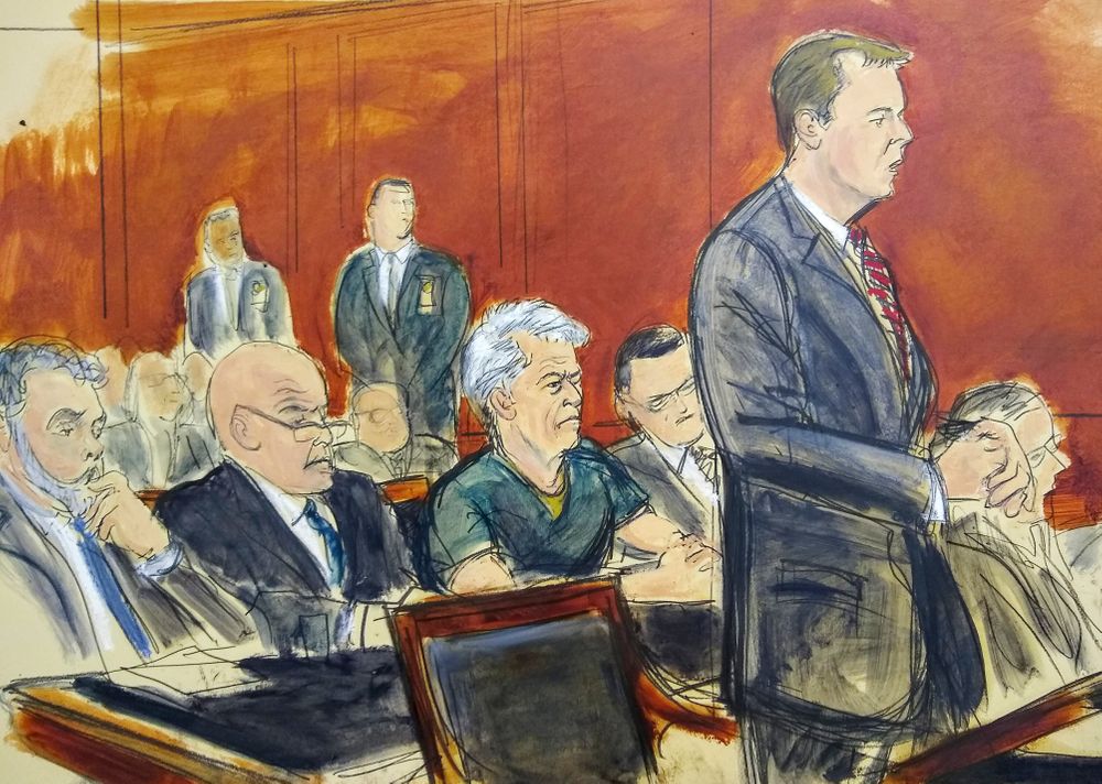 In this courtroom artist's sketch, defendant Jeffrey Epstein, center, listens as Assistant U.S. Attorney Alex Rossmiller, right, addresses the court during Epstein's arraignment, Monday, July 8, 2019 in New York. Epstein pleaded not guilty to federal sex trafficking charges. The 66-year-old is accused of creating and maintaining a network that allowed him to sexually exploit and abuse dozens of underage girls from 2002 to 2005. (Elizabeth Williams via AP) In this courtroom artist's sketch, defendant Jeffrey Epstein, center, listens as Assistant U.S. Attorney Alex Rossmiller, right, addresses the court during Epstein's arraignment, Monday, July 8, 2019 in New York. Epstein pleaded not guilty to federal sex trafficking charges. The 66-year-old is accused of creating and maintaining a network that allowed him to sexually exploit and abuse dozens of underage girls from 2002 to 2005. (Elizabeth Williams via AP)