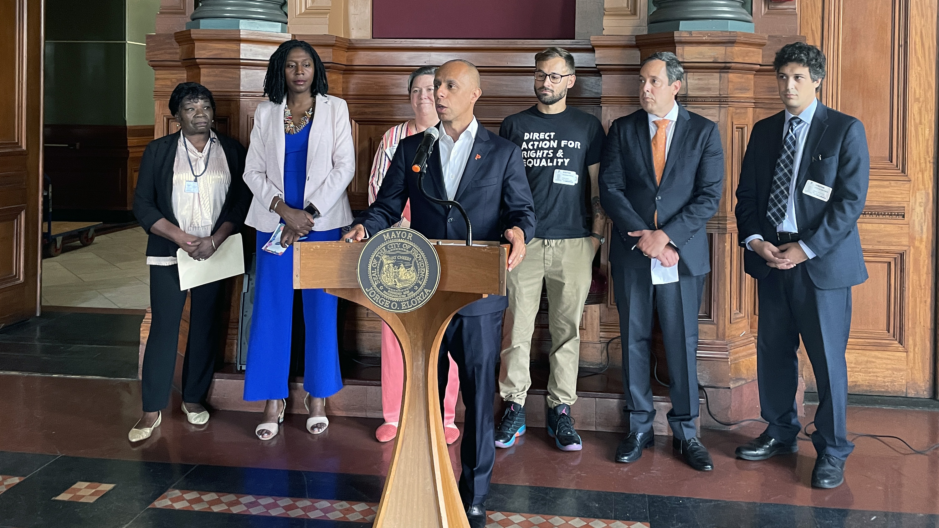 Mayor Jorge Elorza announces a new eviction defense program for low-income renters in Providence. The effort is a collaboration between the city, legal services, and research and advocacy groups.