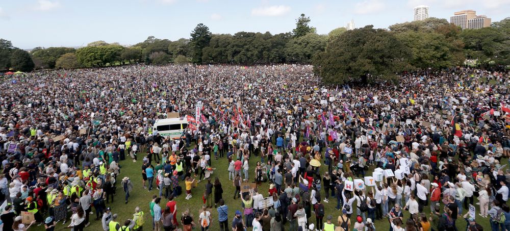Thousands of protestors, many of them school students, gather in Sydney, Friday, Sept. 20, 2019, calling for action to guard against climate change. Australia's acting Prime Minister Michael McCormack has described ongoing climate rallies as Thousands of protestors, many of them school students, gather in Sydney, Friday, Sept. 20, 2019, calling for action to guard against climate change. Australia's acting Prime Minister Michael McCormack has described ongoing climate rallies as