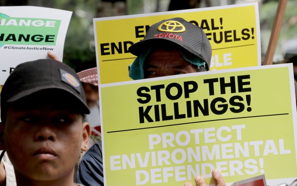 Environmental activists hold placards during a rally outside the Department of Environment and Natural Resources to coincide with the global protests on climate change Friday, Sept. 20, 2019 at suburban Quezon city, northeast of Manila, Philippines. Various environmental groups in the country are participating in what is expected to be the world's largest mobilization on climate change known as Environmental activists hold placards during a rally outside the Department of Environment and Natural Resources to coincide with the global protests on climate change Friday, Sept. 20, 2019 at suburban Quezon city, northeast of Manila, Philippines. Various environmental groups in the country are participating in what is expected to be the world's largest mobilization on climate change known as