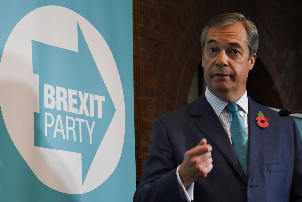 Brexit Party leader Nigel Farage launches his party's manifesto ahead of the upcoming General Election, in London, Friday, Nov. 1, 2019. Farage kicked off the Brexit Party campaign Friday, for Britain's December general election. (AP Photo/Alberto Pezzali) Brexit Party leader Nigel Farage launches his party's manifesto ahead of the upcoming General Election, in London, Friday, Nov. 1, 2019. Farage kicked off the Brexit Party campaign Friday, for Britain's December general election. (AP Photo/Alberto Pezzali)