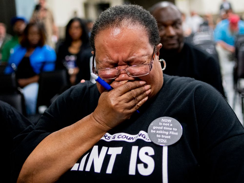Marijoyce Campbell, a 65-year-old lifelong Flint resident, sheds tears as she gets choked up after speaking her mind during a community meeting with Flint water prosecutors at UAW Local 659, Friday, June 28, 2019, in Flint, Mich. Campbell said she had a Marijoyce Campbell, a 65-year-old lifelong Flint resident, sheds tears as she gets choked up after speaking her mind during a community meeting with Flint water prosecutors at UAW Local 659, Friday, June 28, 2019, in Flint, Mich. Campbell said she had a