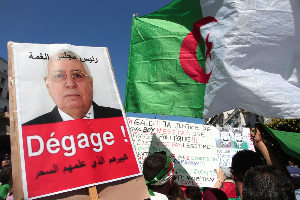 A demonstrator holds a placard showing Abdelkader Bensalah and reading A demonstrator holds a placard showing Abdelkader Bensalah and reading
