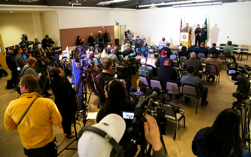 Kittitas County Sheriff Gene Dana speaks at a news conference, Wednesday, March 20, 2019, in Ellensburg, Wash. about the death of Deputy Ryan Thompson, who was killed Tuesday evening when he and a Kittitas Police officer exchanged gunfire with a road-rage driving suspect in Kittitas, Wash. The driver of the vehicle was also shot and later died at a hospital. (Jake Green/The Daily Record via AP) Kittitas County Sheriff Gene Dana speaks at a news conference, Wednesday, March 20, 2019, in Ellensburg, Wash. about the death of Deputy Ryan Thompson, who was killed Tuesday evening when he and a Kittitas Police officer exchanged gunfire with a road-rage driving suspect in Kittitas, Wash. The driver of the vehicle was also shot and later died at a hospital. (Jake Green/The Daily Record via AP)