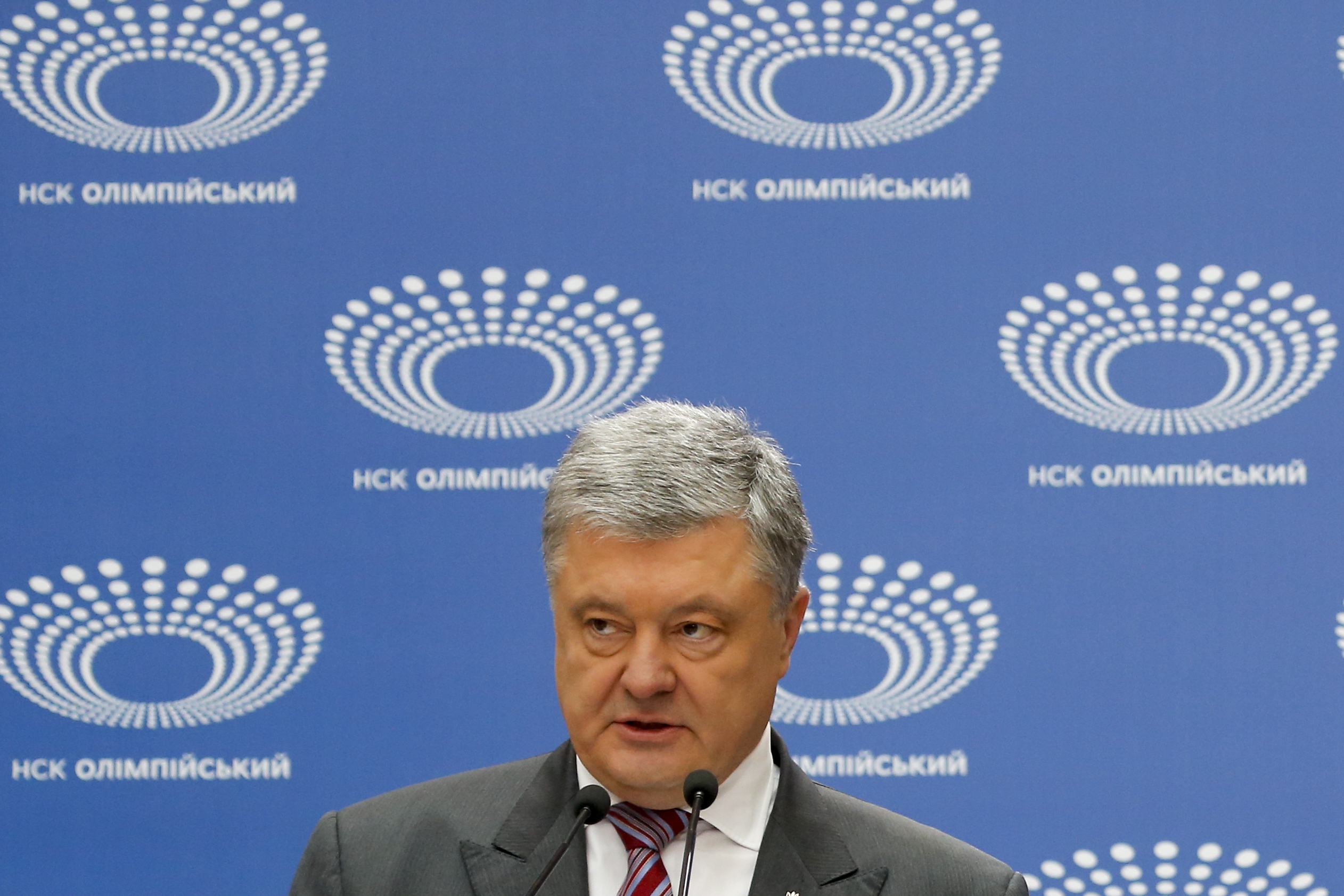 Ukrainian President Petro Poroshenko answers to a journalist's question ahead of the presidential elections on April 21, at the Olympic stadium in Kiev, Ukraine, Sunday, April 14, 2019. (AP Photo/Efrem Lukatsky) Ukrainian President Petro Poroshenko answers to a journalist's question ahead of the presidential elections on April 21, at the Olympic stadium in Kiev, Ukraine, Sunday, April 14, 2019. (AP Photo/Efrem Lukatsky)