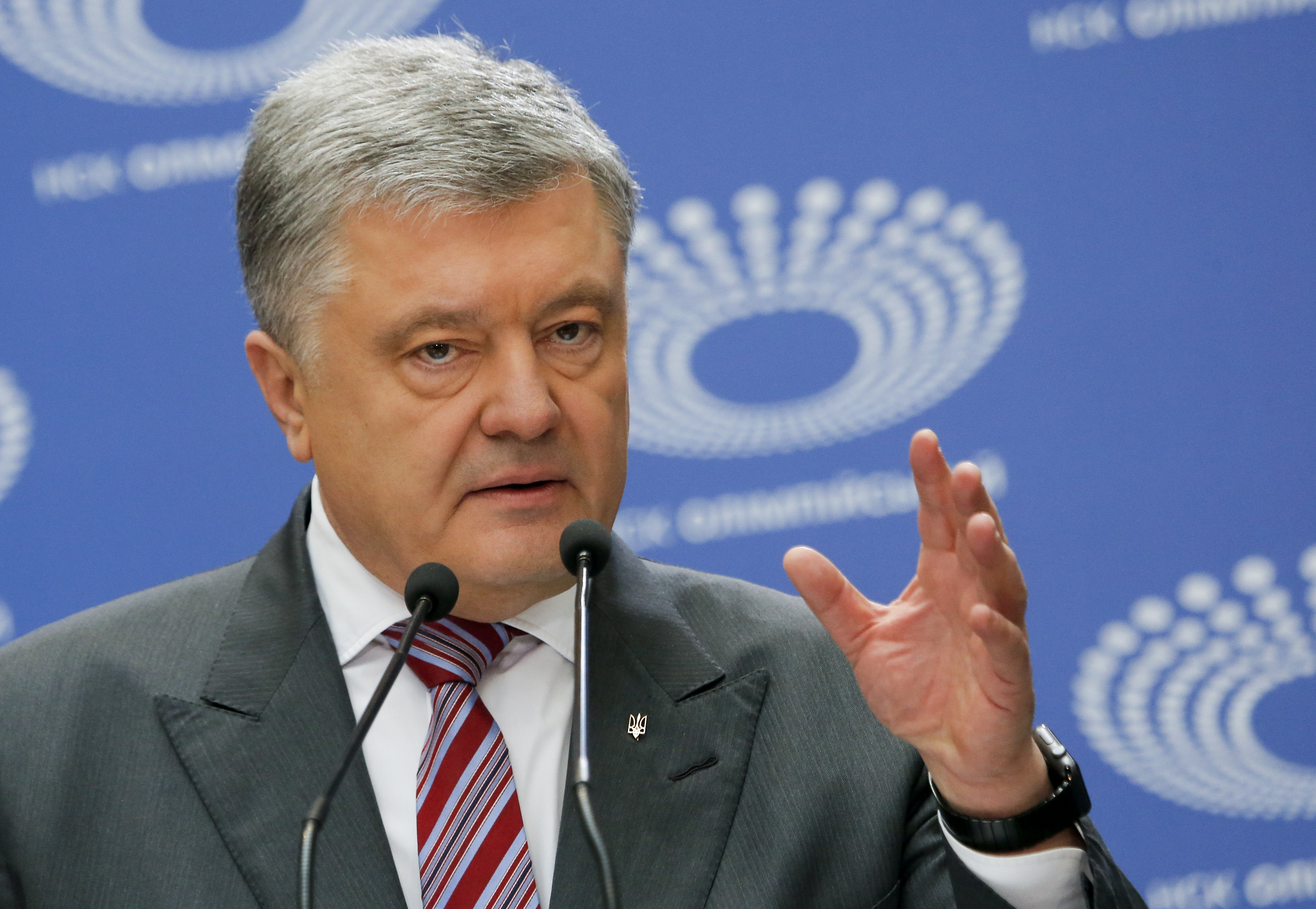 Ukrainian President Petro Poroshenko gestures as he answers to a journalist's question ahead of the presidential elections on April 21, at the Olympic stadium in Kiev, Ukraine, Sunday, April 14, 2019. (AP Photo/Efrem Lukatsky) Ukrainian President Petro Poroshenko gestures as he answers to a journalist's question ahead of the presidential elections on April 21, at the Olympic stadium in Kiev, Ukraine, Sunday, April 14, 2019. (AP Photo/Efrem Lukatsky)