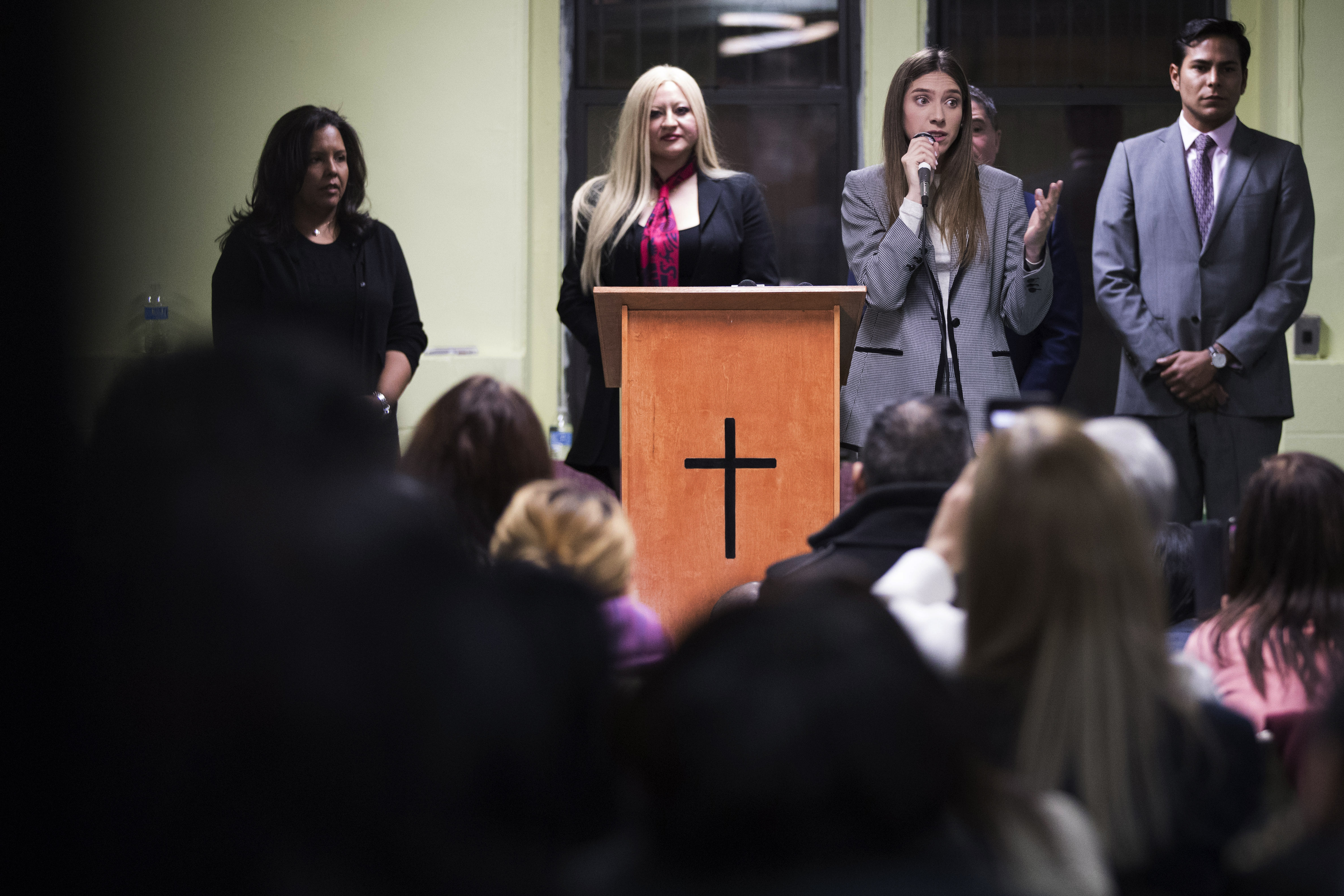 Fabiana Rosales, second from right, wife of Venezuelan opposition leader Juan Guaido, speaks to members of the Venezuelan community in New York after attending Mass at St. Teresa's Church on the Lower East Side of Manhattan, Tuesday, March 26, 2019. Rosales is emerging as a prominent figure in Guaido's campaign to bring change in the crisis-wracked country. (AP Photo/Mary Altaffer) Fabiana Rosales, second from right, wife of Venezuelan opposition leader Juan Guaido, speaks to members of the Venezuelan community in New York after attending Mass at St. Teresa's Church on the Lower East Side of Manhattan, Tuesday, March 26, 2019. Rosales is emerging as a prominent figure in Guaido's campaign to bring change in the crisis-wracked country. (AP Photo/Mary Altaffer)