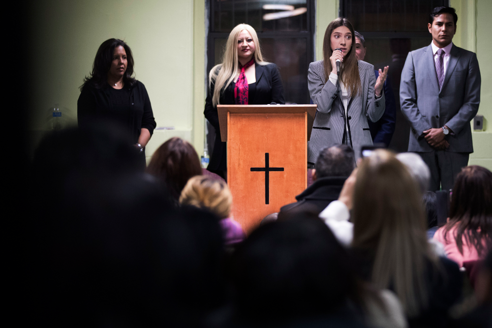 Fabiana Rosales, second from right, wife of Venezuelan opposition leader Juan Guaido, speaks to members of the Venezuelan community in New York after attending Mass at St. Teresa's Church on the Lower East Side of Manhattan, Tuesday, March 26, 2019. Rosales is emerging as a prominent figure in Guaido's campaign to bring change in the crisis-wracked country. (AP Photo/Mary Altaffer) Fabiana Rosales, second from right, wife of Venezuelan opposition leader Juan Guaido, speaks to members of the Venezuelan community in New York after attending Mass at St. Teresa's Church on the Lower East Side of Manhattan, Tuesday, March 26, 2019. Rosales is emerging as a prominent figure in Guaido's campaign to bring change in the crisis-wracked country. (AP Photo/Mary Altaffer)