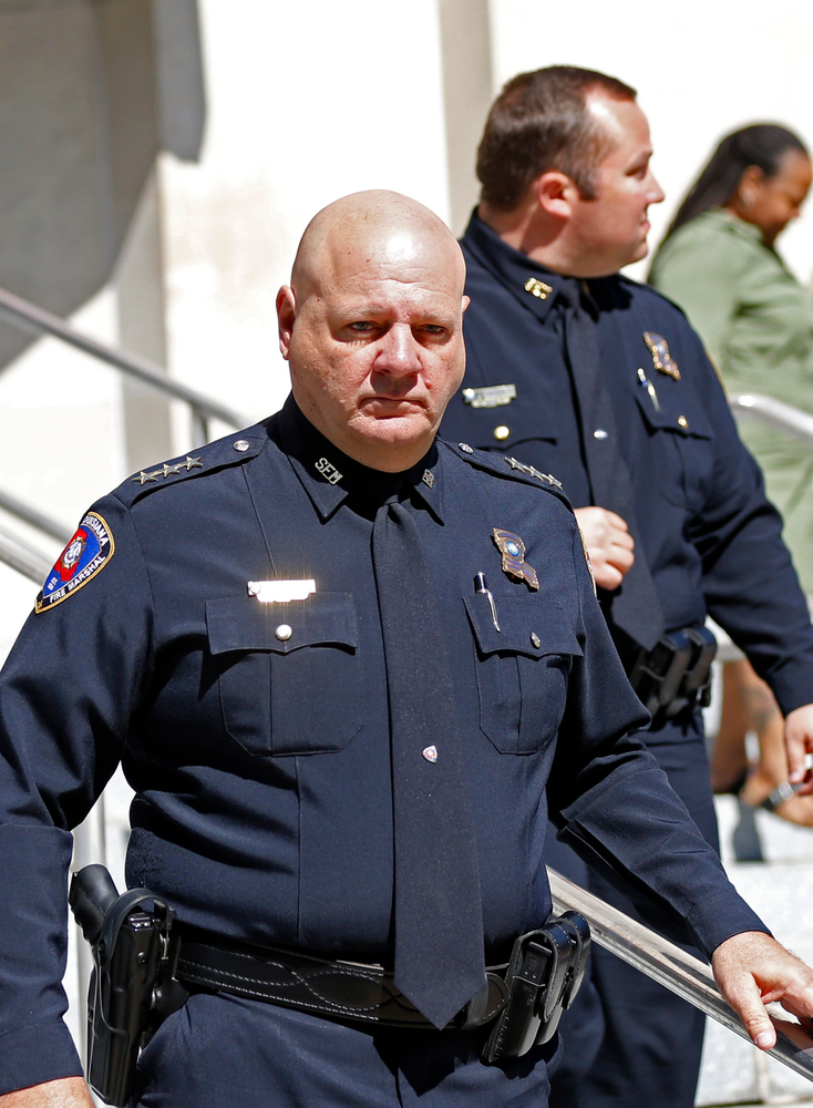 Louisiana State Fire Marshal Butch Browning leaves the St. Landry Parish courthouse after a bond hearing for Holden Matthews in Opelousas, La., Monday, April 15, 2019. Matthews, who is white, and is the son of a St. Landry Parish sheriff's deputy, was arrested Wednesday on three charges of arson of a religious building, and is the suspect in three recent arson fires that destroyed African American churches in Louisiana. (AP Photo/Gerald Herbert) Louisiana State Fire Marshal Butch Browning leaves the St. Landry Parish courthouse after a bond hearing for Holden Matthews in Opelousas, La., Monday, April 15, 2019. Matthews, who is white, and is the son of a St. Landry Parish sheriff's deputy, was arrested Wednesday on three charges of arson of a religious building, and is the suspect in three recent arson fires that destroyed African American churches in Louisiana. (AP Photo/Gerald Herbert)