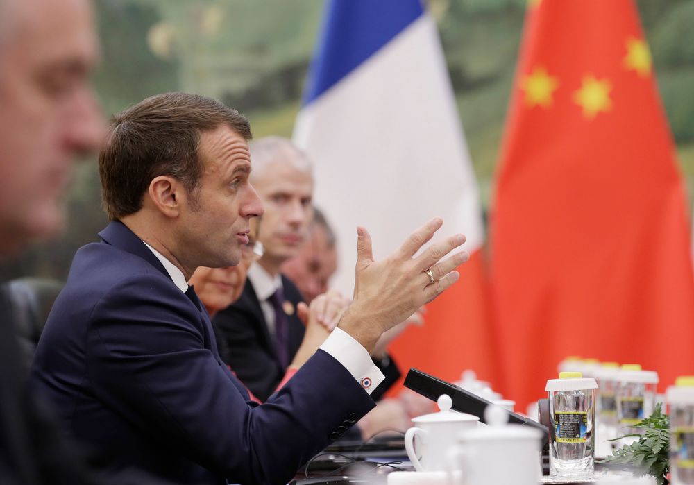 French President Emmanuel Macron speaks during a meeting with Chinese Premier Li Keqiang (not pictured) at the Great Hall of the People in Beijing, Wednesday, Nov 6, 2019. (Jason Lee/Pool Photo via AP) French President Emmanuel Macron speaks during a meeting with Chinese Premier Li Keqiang (not pictured) at the Great Hall of the People in Beijing, Wednesday, Nov 6, 2019. (Jason Lee/Pool Photo via AP)
