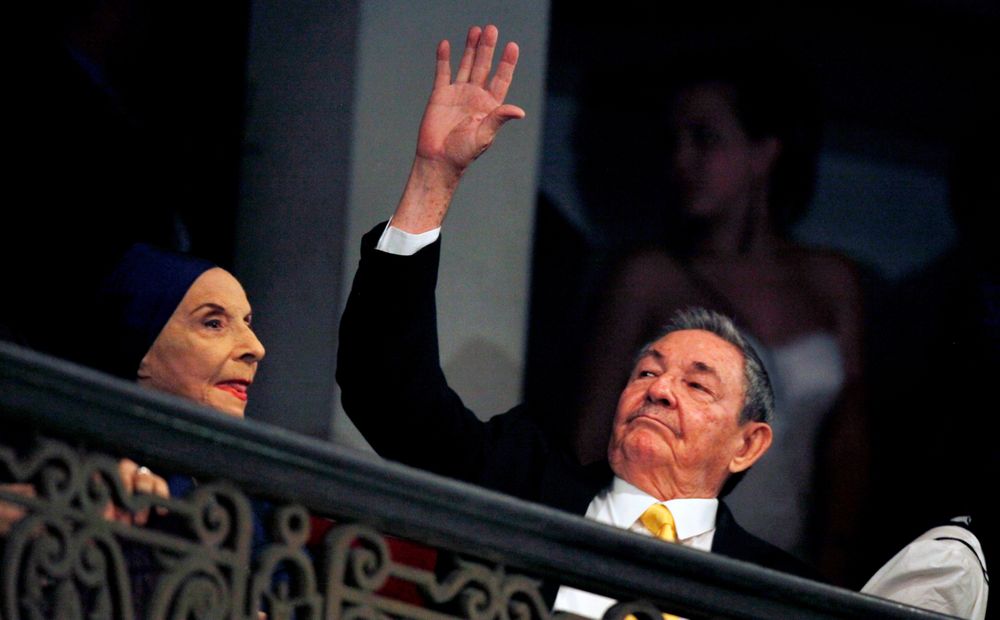 FILE- In this Oct. 28, 2010 file photo, Cuba's President Raul Castro, right, and Alicia Alonso, Cuba's prima ballerina and director of Cuba's National Ballet, attend the opening ceremony of the 22nd International Ballet Festival in Havana, Cuba. Cuba's national ballet has reported that Alonso has died on Thursday, Oct. 17, 2019 (AP Photo/Javier Galeano, File) FILE- In this Oct. 28, 2010 file photo, Cuba's President Raul Castro, right, and Alicia Alonso, Cuba's prima ballerina and director of Cuba's National Ballet, attend the opening ceremony of the 22nd International Ballet Festival in Havana, Cuba. Cuba's national ballet has reported that Alonso has died on Thursday, Oct. 17, 2019 (AP Photo/Javier Galeano, File)