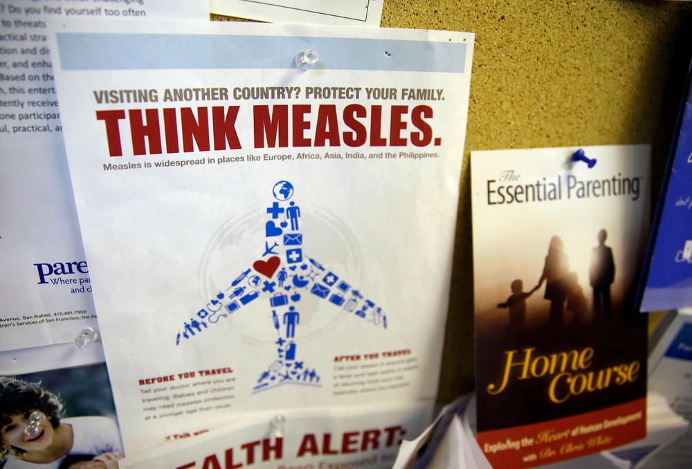 FILE - In this Feb. 6, 2015, file photo, a flyer educating parents about measles is displayed on a bulletin board at a pediatrics clinic in Greenbrae, Calif. State health officials say the number of measles cases is up in California in 2019 and much of the increase is linked to overseas travel. Dr. Karen Smith, director of the California Department of Public Health, says the state recorded 38 measles cases as of Thursday, April 25, 2019, versus 11 around the same time last year. She says the state typically sees fewer than two dozen cases a year. (AP Photo/Eric Risberg, File) FILE - In this Feb. 6, 2015, file photo, a flyer educating parents about measles is displayed on a bulletin board at a pediatrics clinic in Greenbrae, Calif. State health officials say the number of measles cases is up in California in 2019 and much of the increase is linked to overseas travel. Dr. Karen Smith, director of the California Department of Public Health, says the state recorded 38 measles cases as of Thursday, April 25, 2019, versus 11 around the same time last year. She says the state typically sees fewer than two dozen cases a year. (AP Photo/Eric Risberg, File)