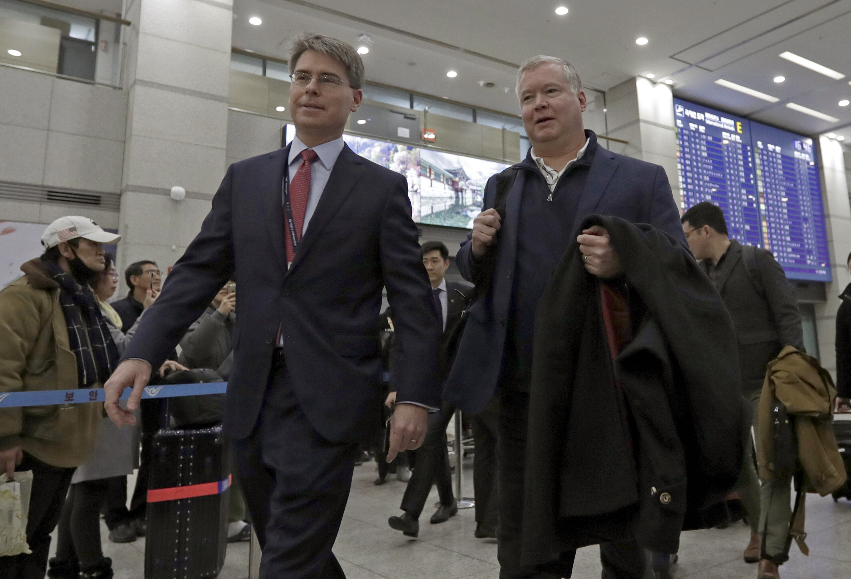 U.S. Special Representative for North Korea Stephen Biegun, right, arrives at Incheon International Airport in Incheon, South Korea, Sunday, Feb. 3, 2019. Biegun will meet with South Korea's Special Representative for Korean Peninsula Peace and Security Affairs Lee Do-hoon. (AP Photo/Lee Jin-man) U.S. Special Representative for North Korea Stephen Biegun, right, arrives at Incheon International Airport in Incheon, South Korea, Sunday, Feb. 3, 2019. Biegun will meet with South Korea's Special Representative for Korean Peninsula Peace and Security Affairs Lee Do-hoon. (AP Photo/Lee Jin-man)