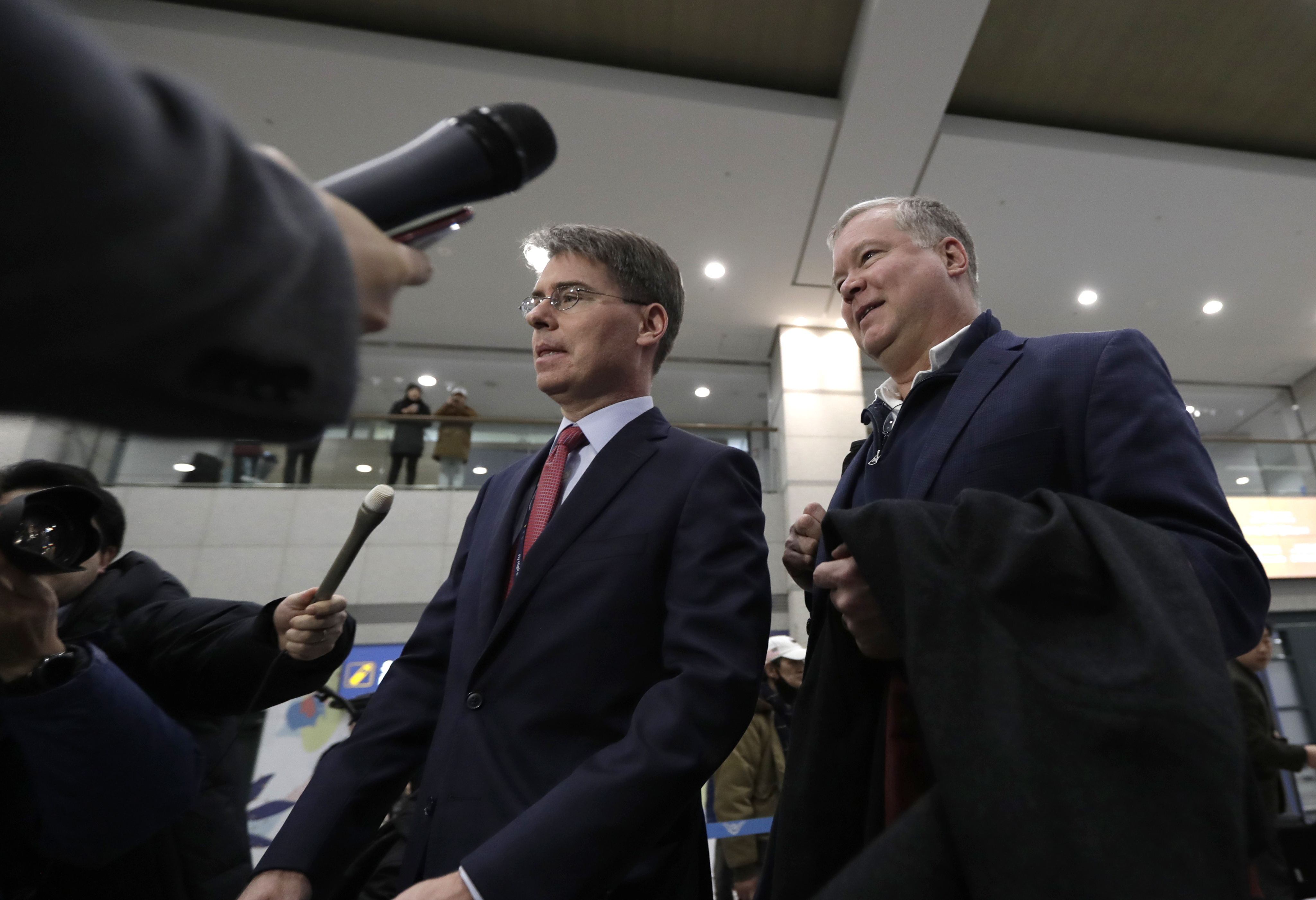 U.S. Special Representative for North Korea Stephen Biegun, right, is questioned by reporters upon his arrival at Incheon International Airport in Incheon, South Korea, Sunday, Feb. 3, 2019. Biegun will meet with South Korea's Special Representative for Korean Peninsula Peace and Security Affairs Lee Do-hoon. (AP Photo/Lee Jin-man) U.S. Special Representative for North Korea Stephen Biegun, right, is questioned by reporters upon his arrival at Incheon International Airport in Incheon, South Korea, Sunday, Feb. 3, 2019. Biegun will meet with South Korea's Special Representative for Korean Peninsula Peace and Security Affairs Lee Do-hoon. (AP Photo/Lee Jin-man)