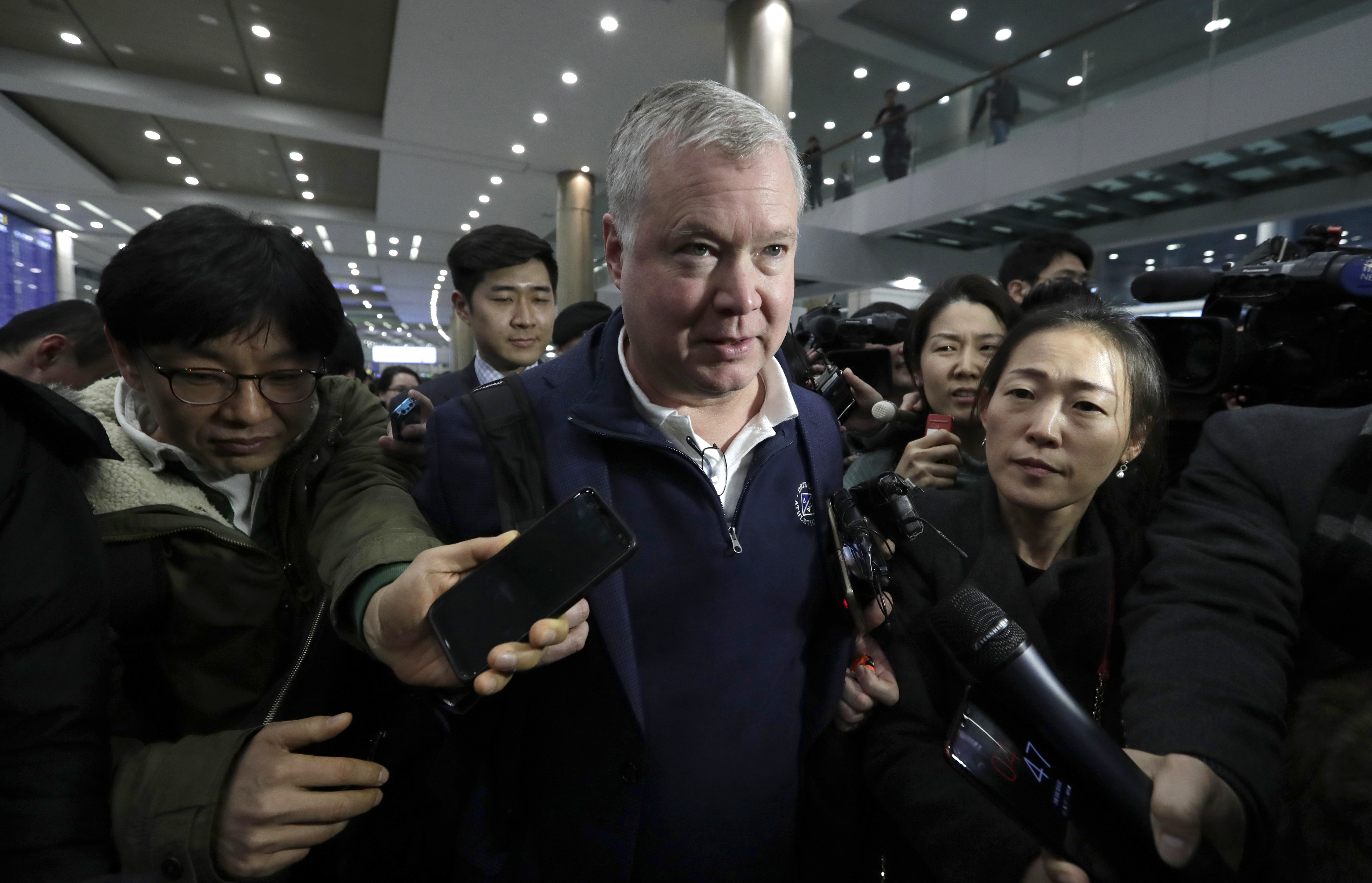U.S. Special Representative for North Korea Stephen Biegun, center, is questioned by reporters upon his arrival at Incheon International Airport in Incheon, South Korea, Sunday, Feb. 3, 2019. Biegun will meet with South Korea's Special Representative for Korean Peninsula Peace and Security Affairs Lee Do-hoon. (AP Photo/Lee Jin-man) U.S. Special Representative for North Korea Stephen Biegun, center, is questioned by reporters upon his arrival at Incheon International Airport in Incheon, South Korea, Sunday, Feb. 3, 2019. Biegun will meet with South Korea's Special Representative for Korean Peninsula Peace and Security Affairs Lee Do-hoon. (AP Photo/Lee Jin-man)