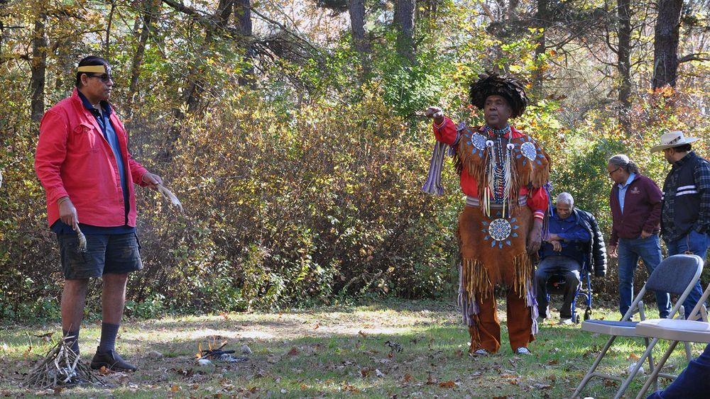 Narragansett Indian Tribe Medicine Man and Historic Preservation Officer John Brown, left, and Chief Sachem Anthony Dean Stanton, right, at Saturday’s ceremony. 