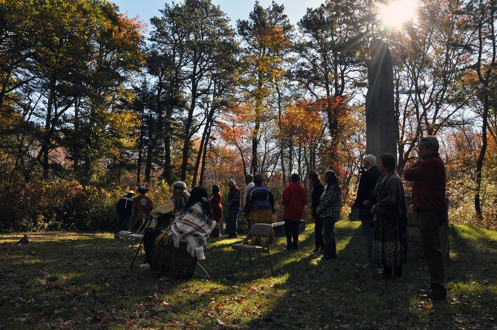 Members of the Narragansett Indian Tribe and others gathered Saturday at what is believed to be the site of the “Great Swamp Massacre.”