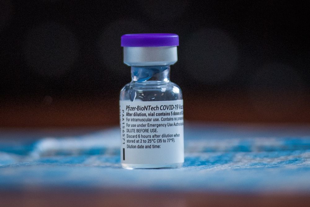 A vial of the Pfiezer vaccine containing about five doses. Once a vial is thawed, it must be used within six hours. 
