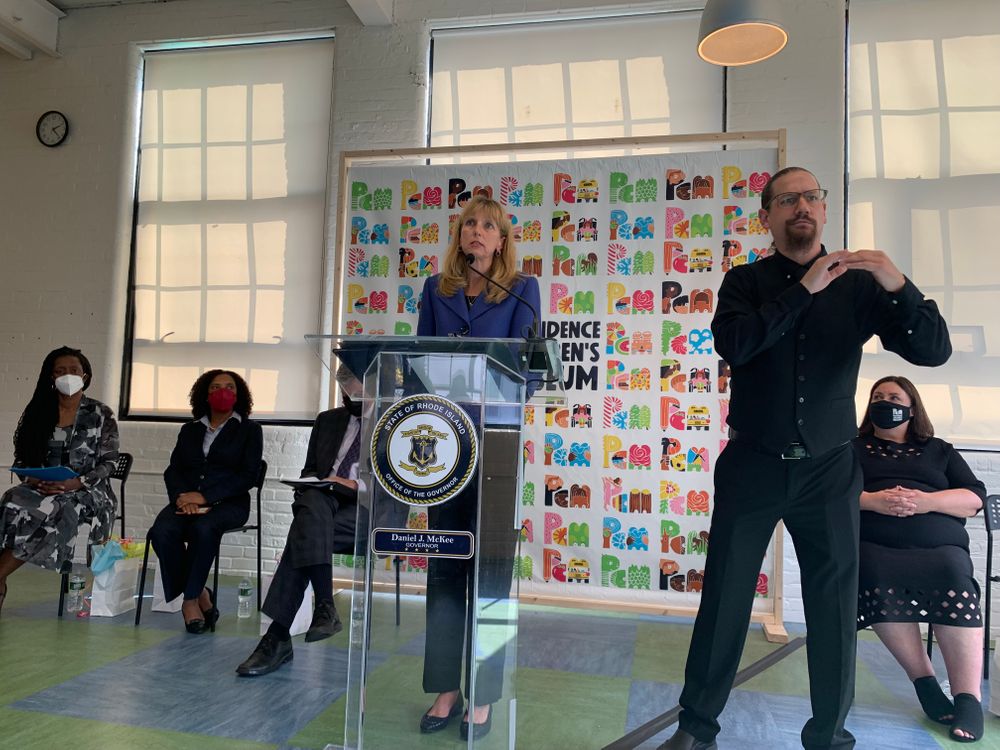 Dr. Elizabeth Lang, a pediatrician, speaking about vaccinating children against COVID-19 at a news conference at the Providence Children's Museum in mid-October. 