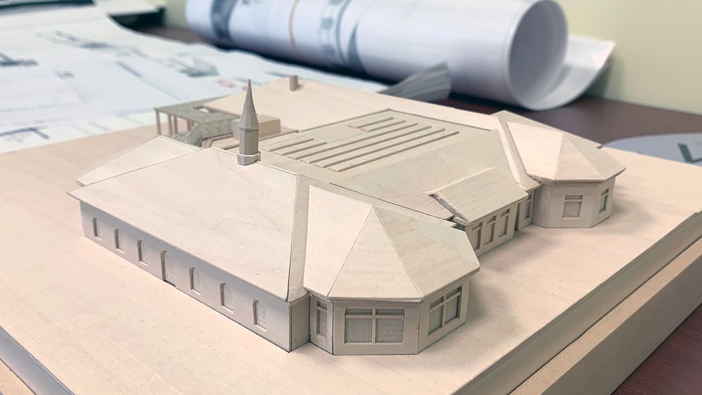 An architectural model of the planned expansion of the Jamestown Philomenian Library.