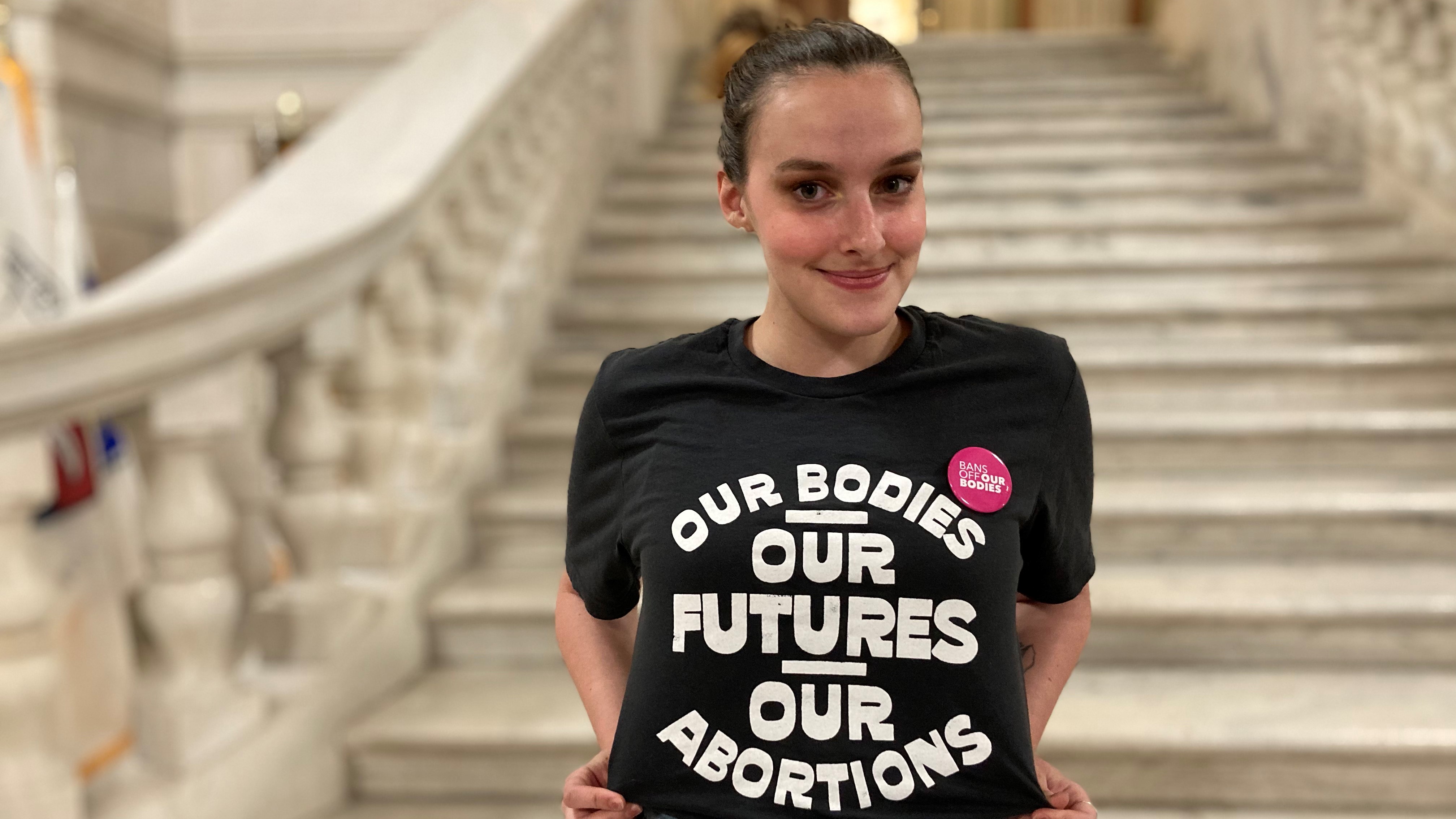 URI student Antonia Simmons, 20, at the State House where she testified May 20 in support of legislation to expand abortion coverage.